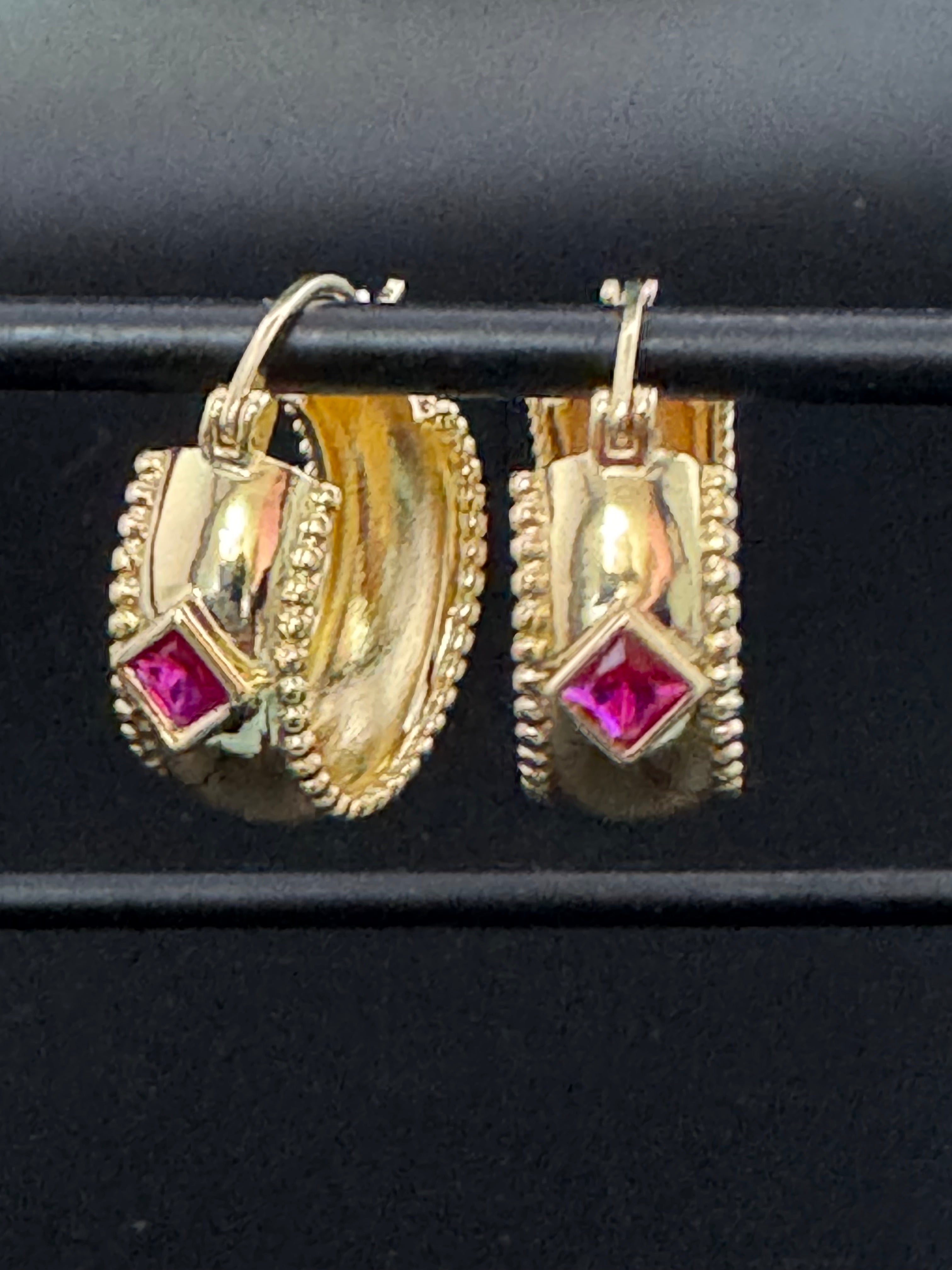 Wide crystal gold hoop earrings with pink emerald and tourmaline crystals