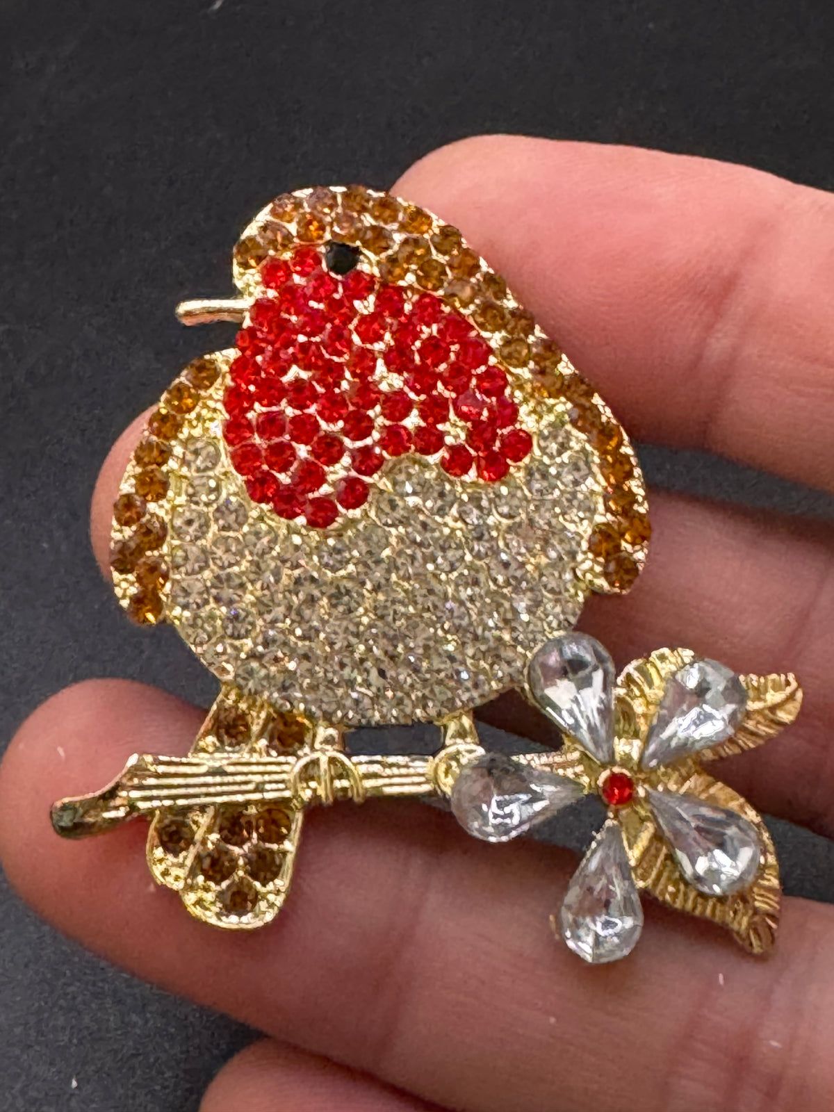 Rhinestone Christmas Robin brooch, brown clear and red crystal, festive jewellery
