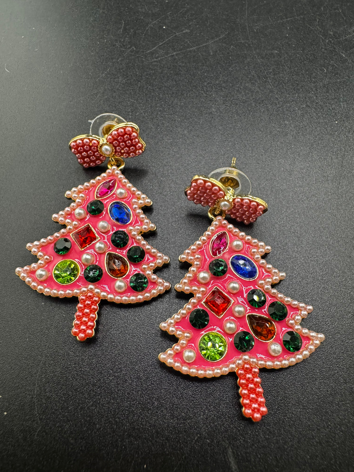 Oversized pink Christmas tree dangly earrings for pierced ears