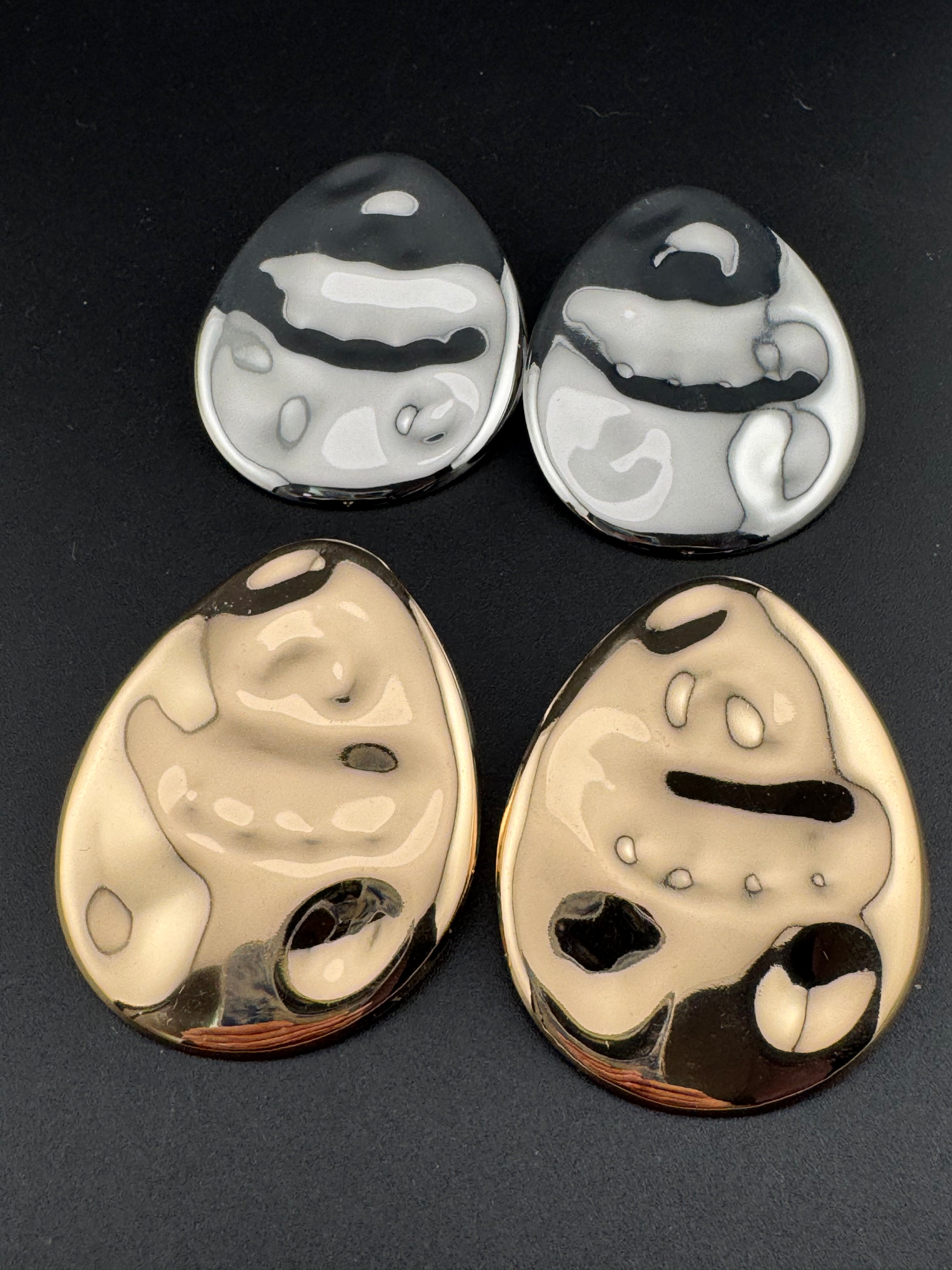 Oversized gold and silver tone flat abstract oval huge stud earrings pierced