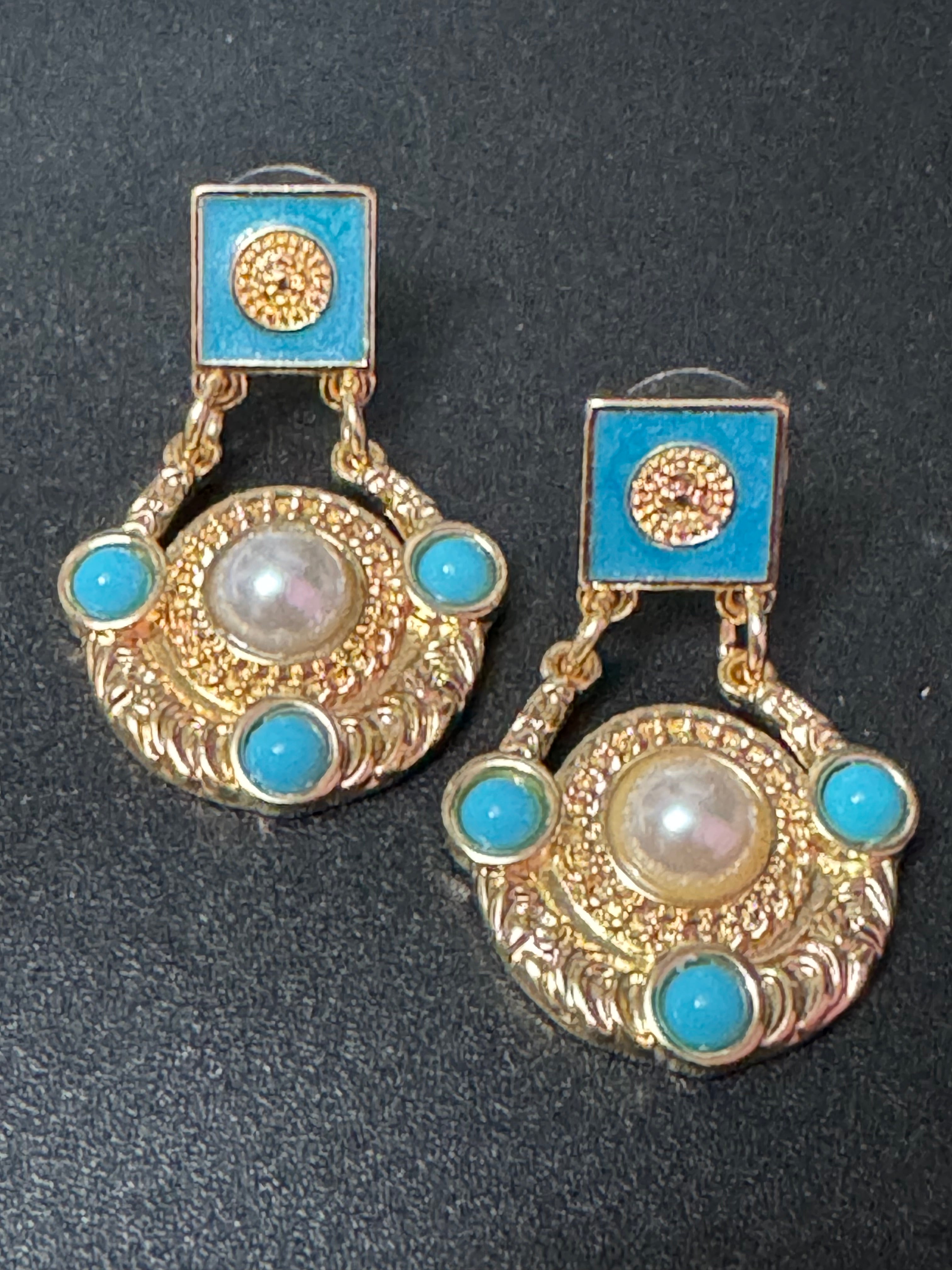Etruscan gold disc drop earrings with turquoise and pearl cabochons