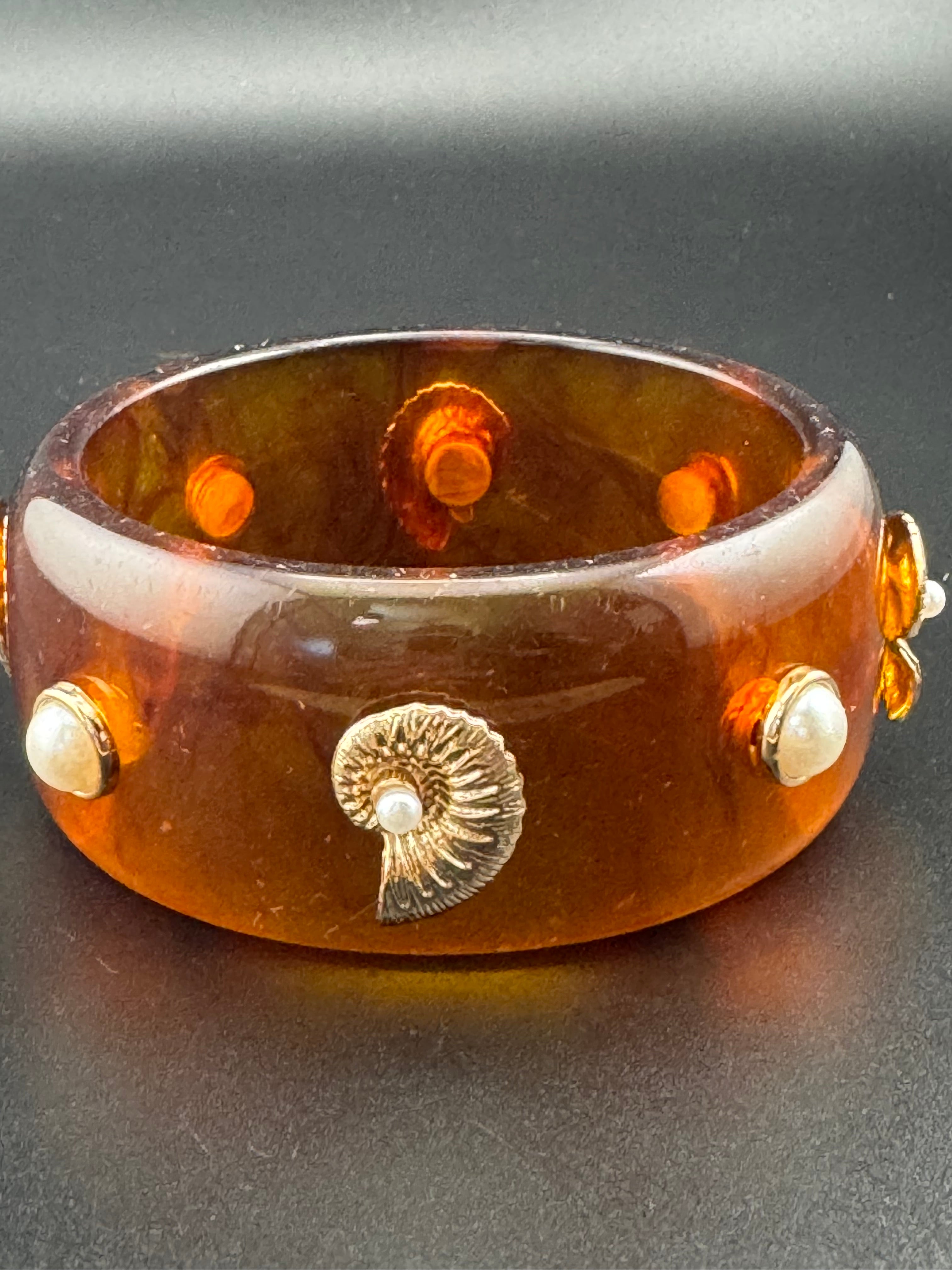 Nautical gold ammonite faux tortoiseshell wide brown acrylic pearl plastic bangle bracelet