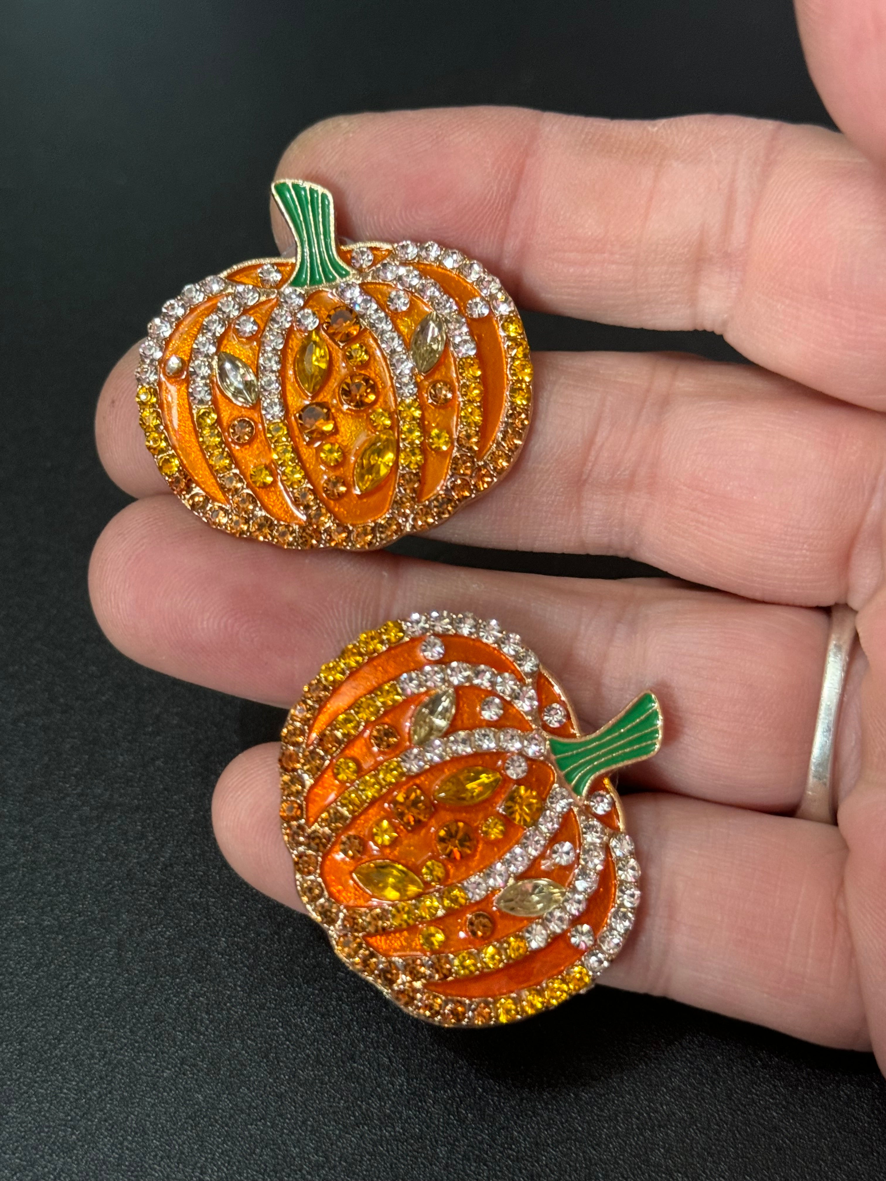 Oversized crystal orange enamel pumpkin earrings pierced