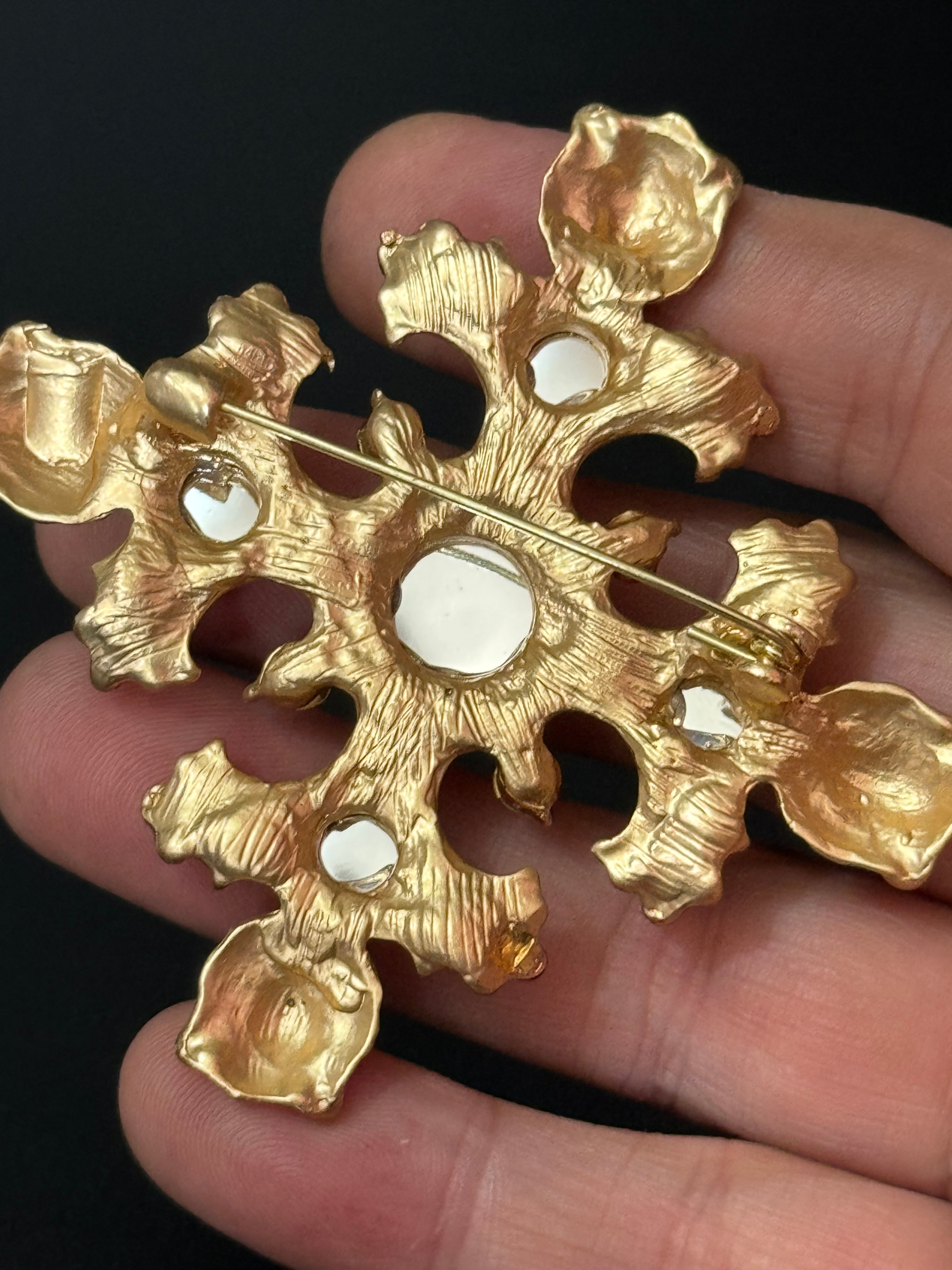 Medieval style Large faux red ruby cabochon matt gold lions head oversized cross brooch