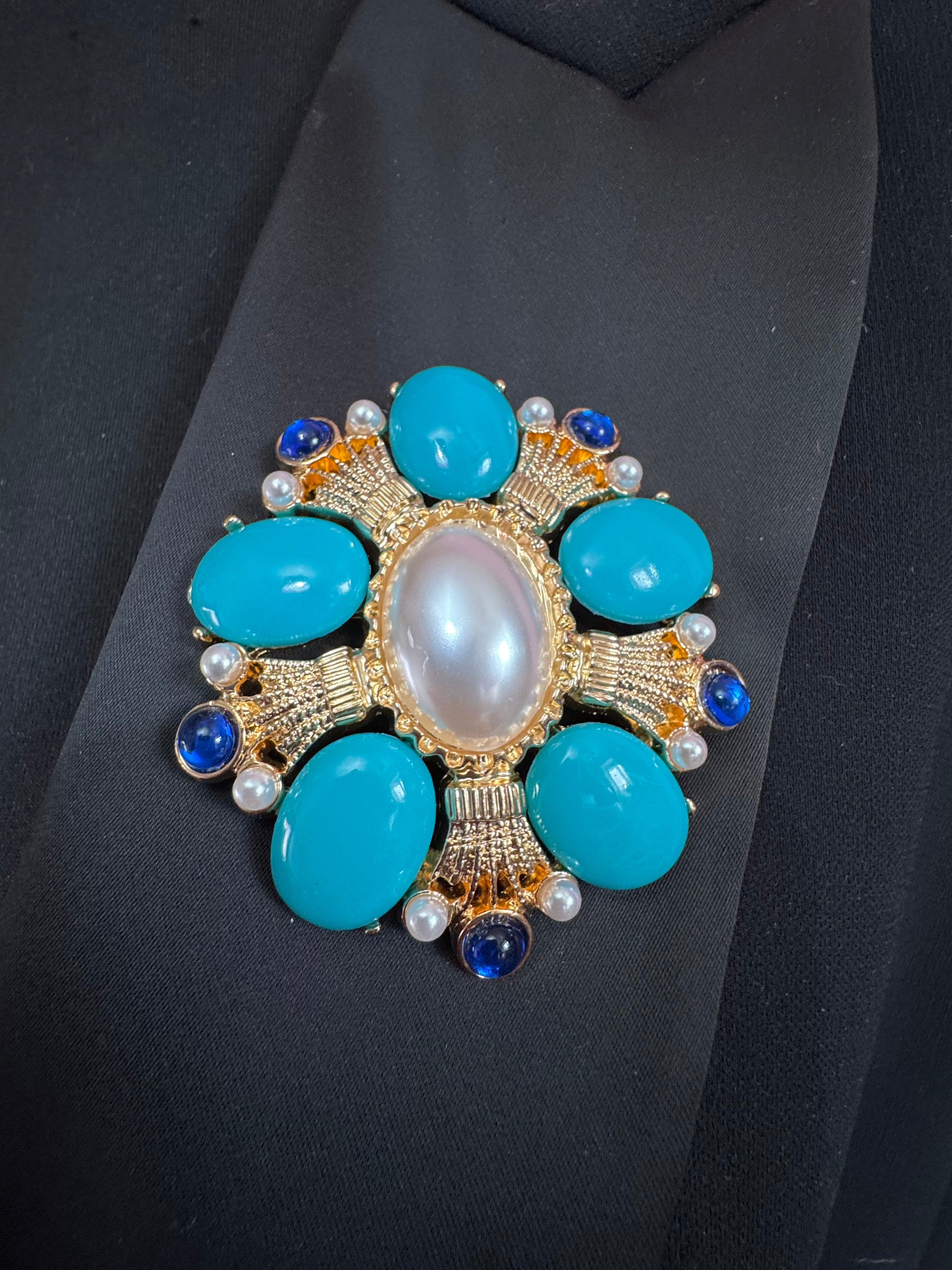 turquoise, sapphire and pearl oversized cabochon diamanté brooch