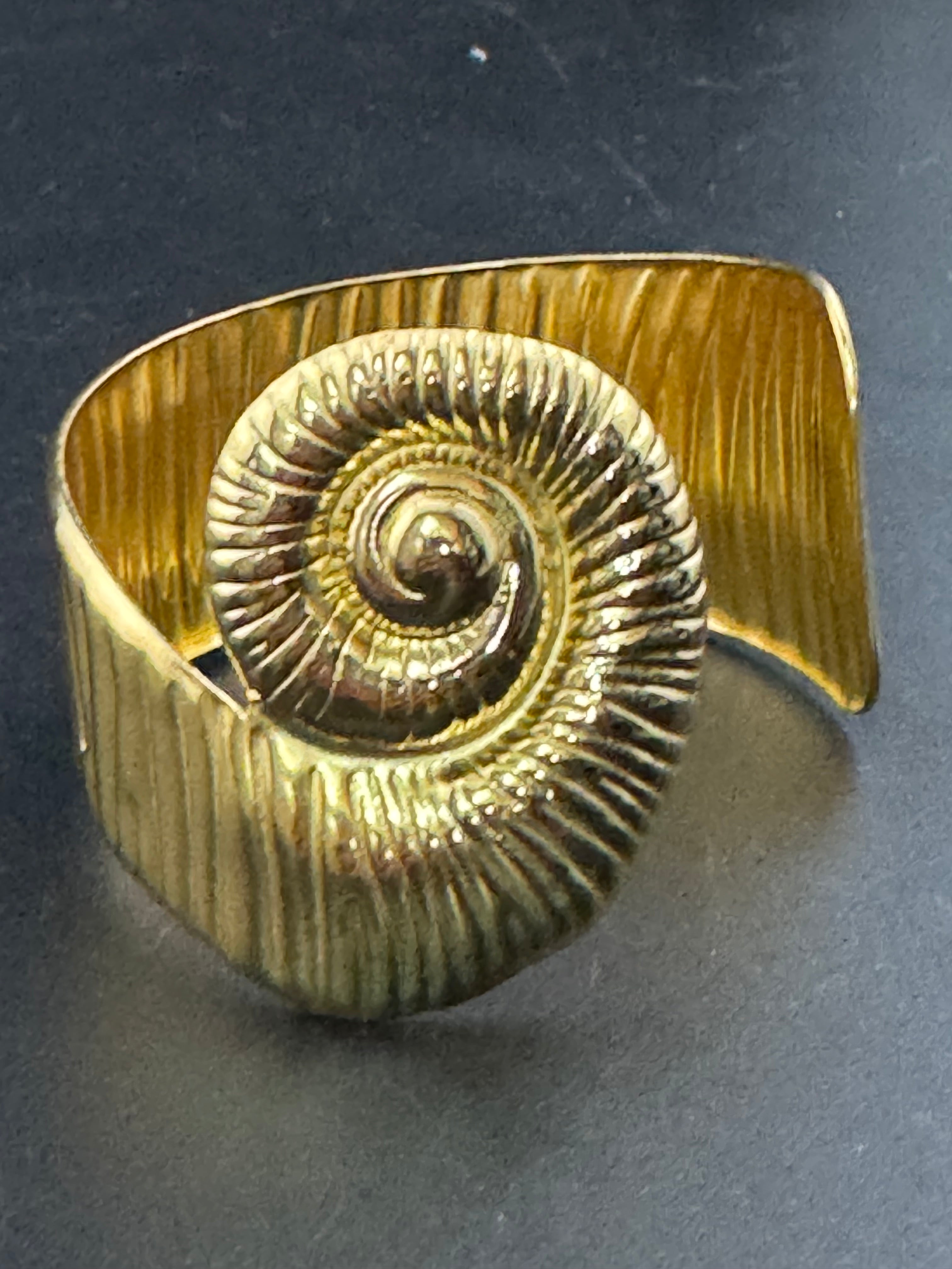 Gold tone ammonite seashell wide cuff bangle bracelet , nautical jewellery