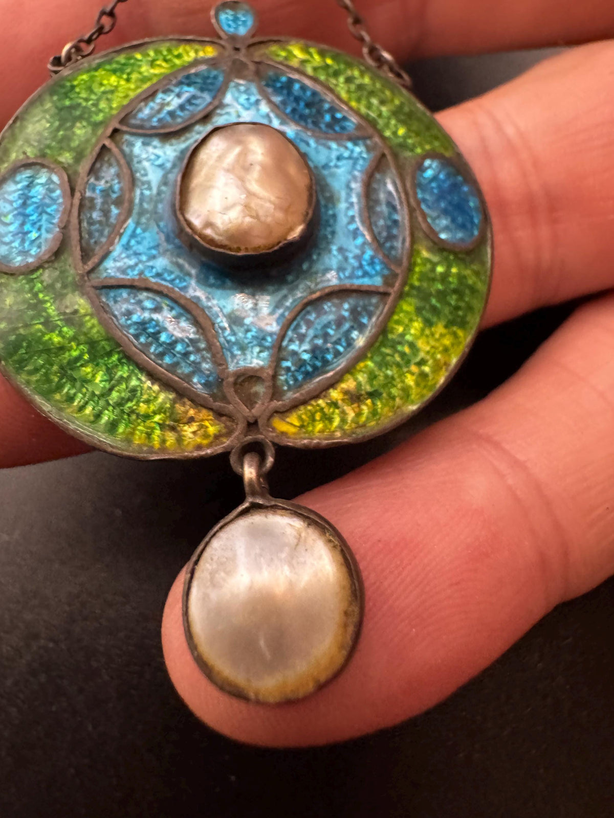 Art Nouveau Enamel Necklace, Antique Silver Pearl Guilloche Drop