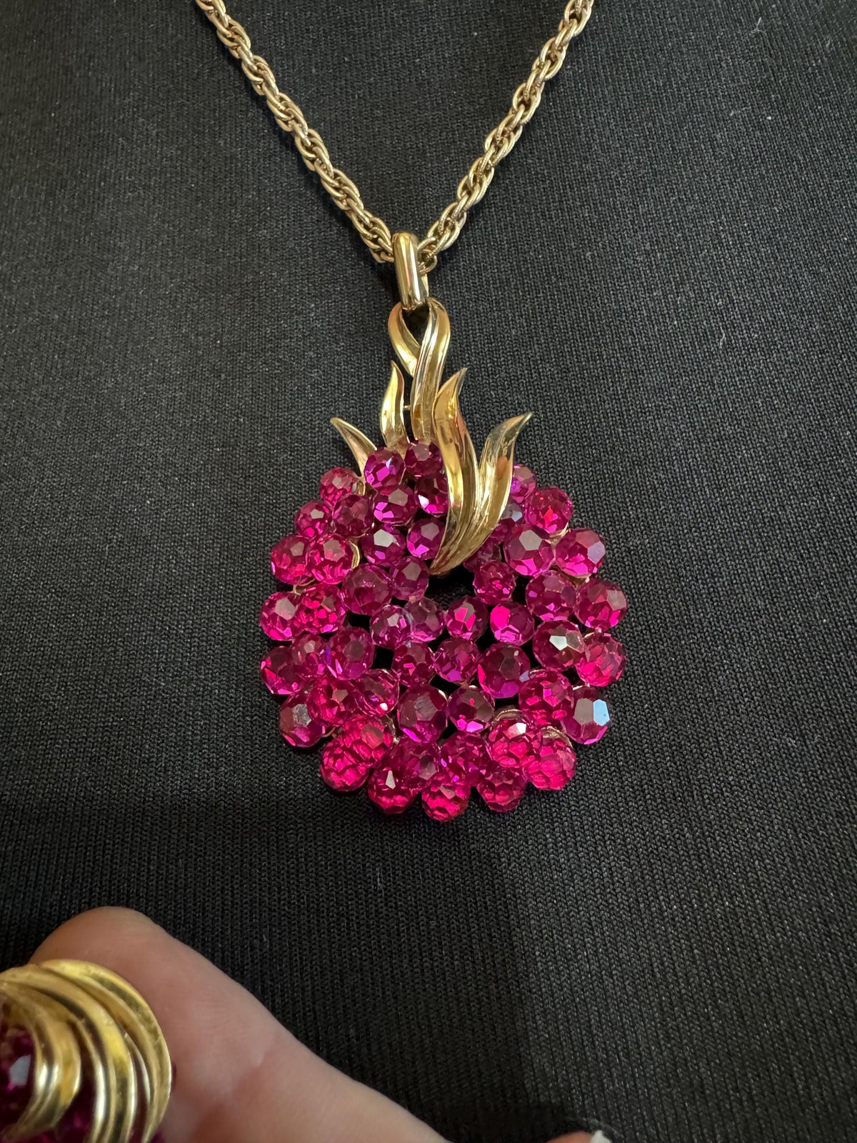 Vintage Trifari Jewelry Set, Pink Briolette Pendant Clip Earrings