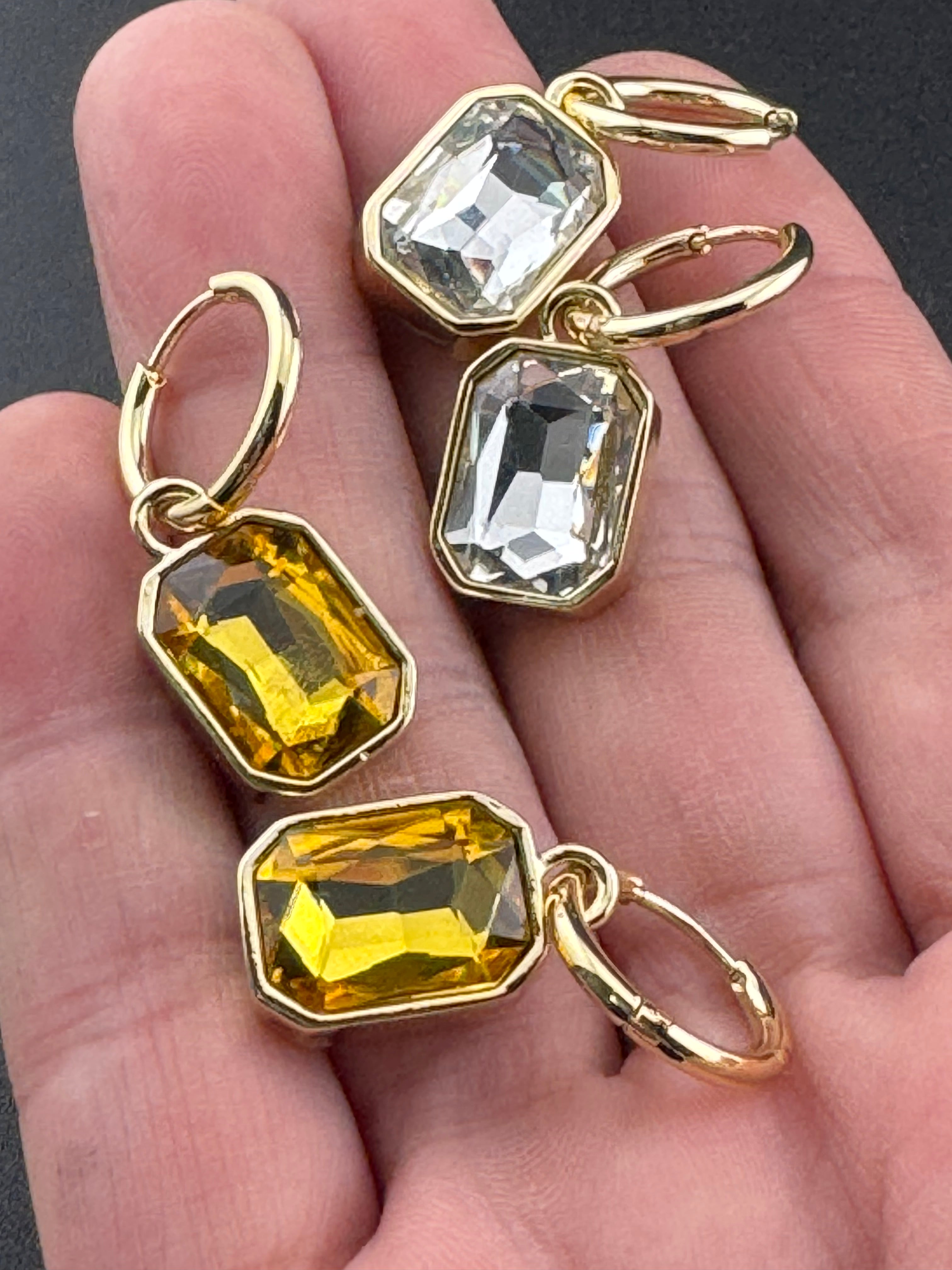 Amber Citrine glass crystal octagonal charm small hoop earrings pierced, gold plated