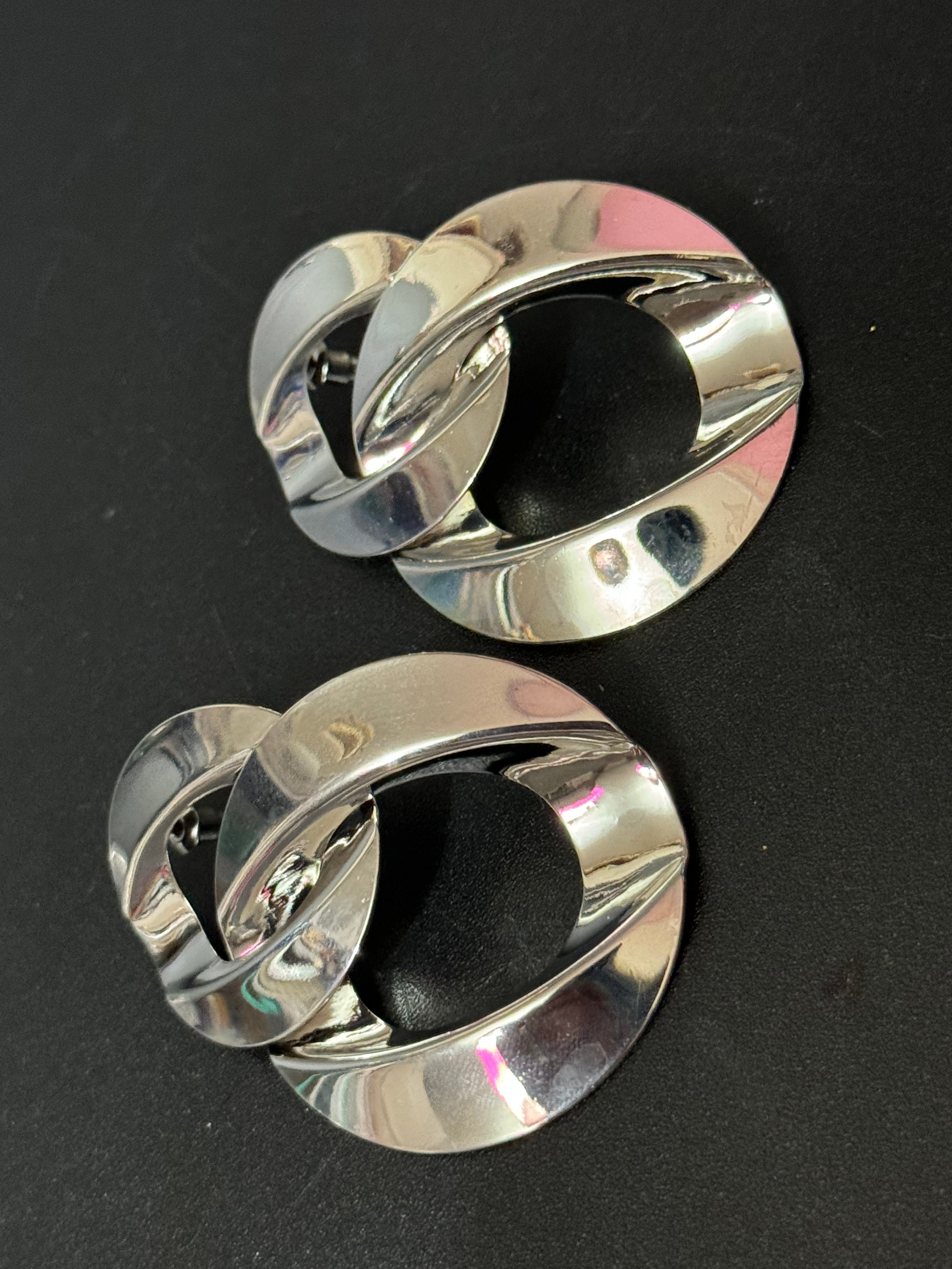 Oversized silver flat chain link drop earrings pierced