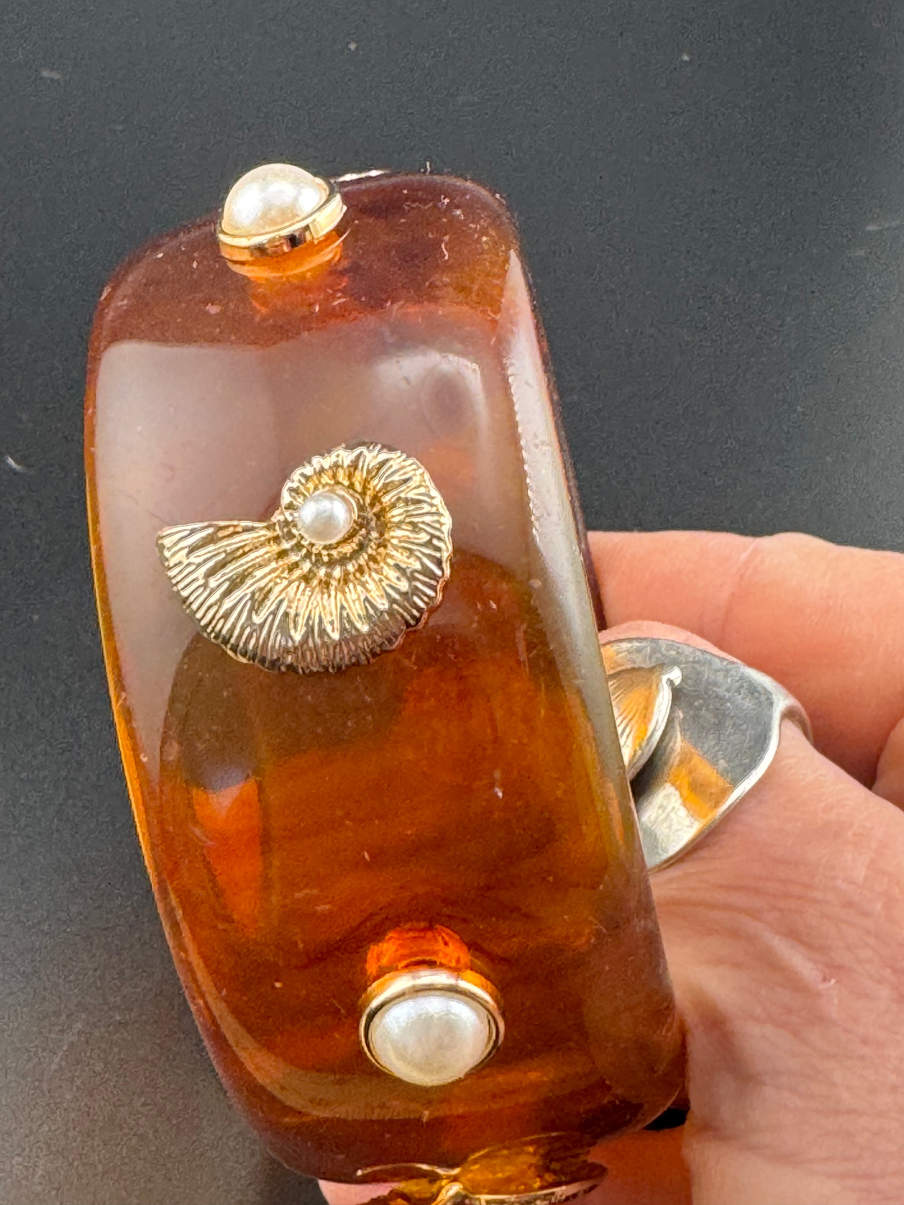 Nautical gold ammonite faux tortoiseshell wide brown acrylic pearl plastic bangle bracelet