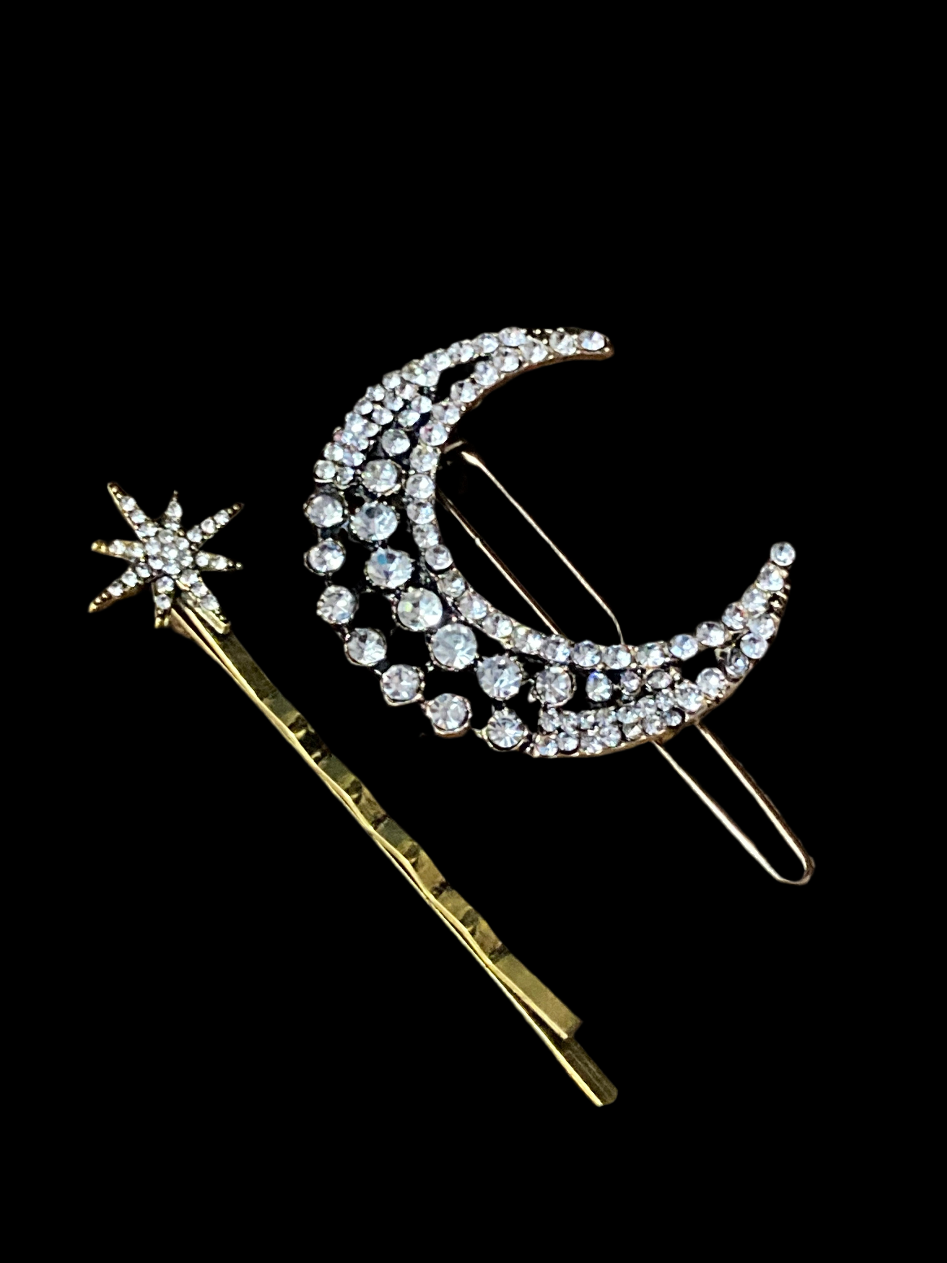Diamanté Crescent moon and star pair of hair slides