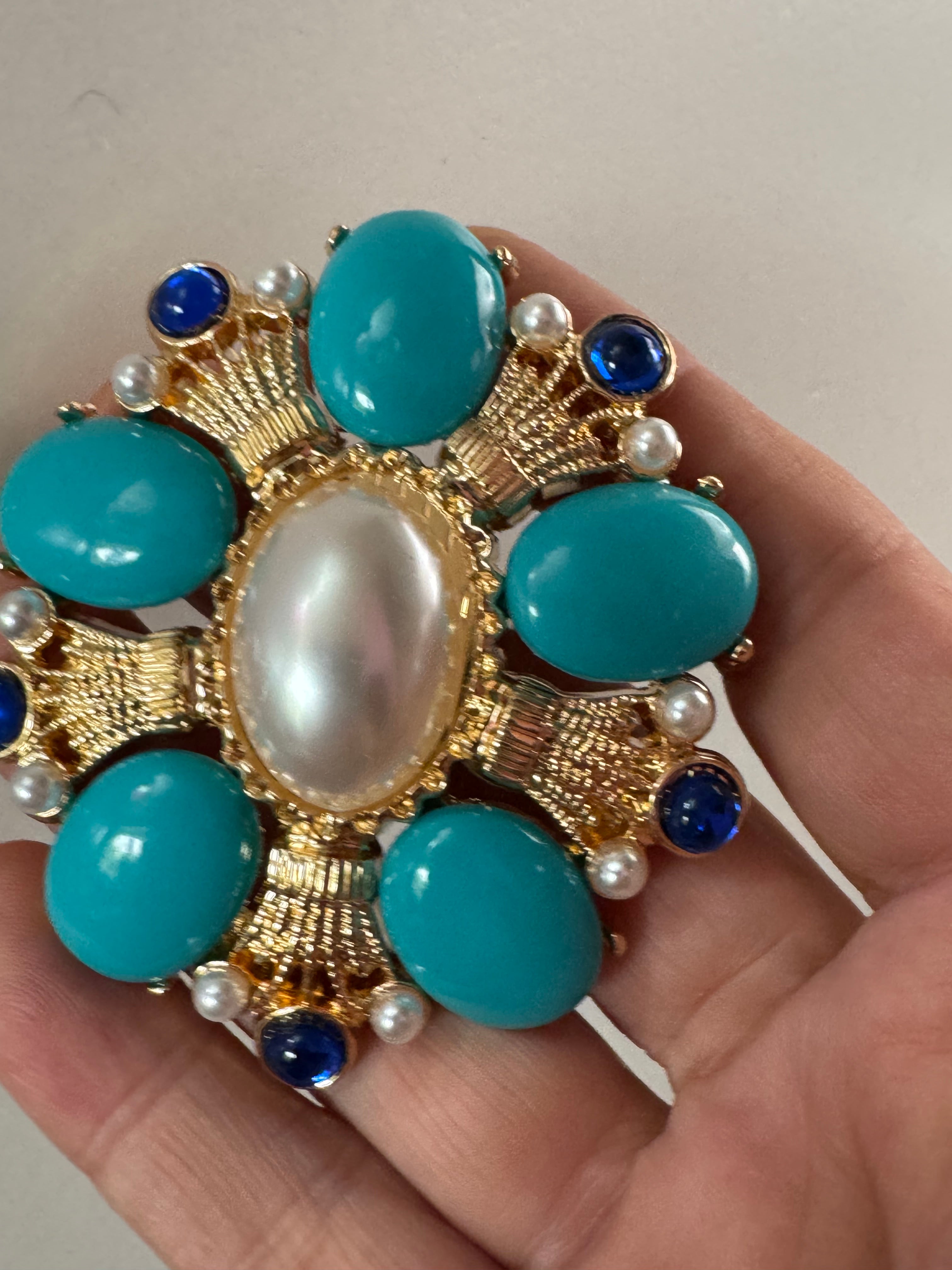 turquoise, sapphire and pearl oversized cabochon diamanté brooch