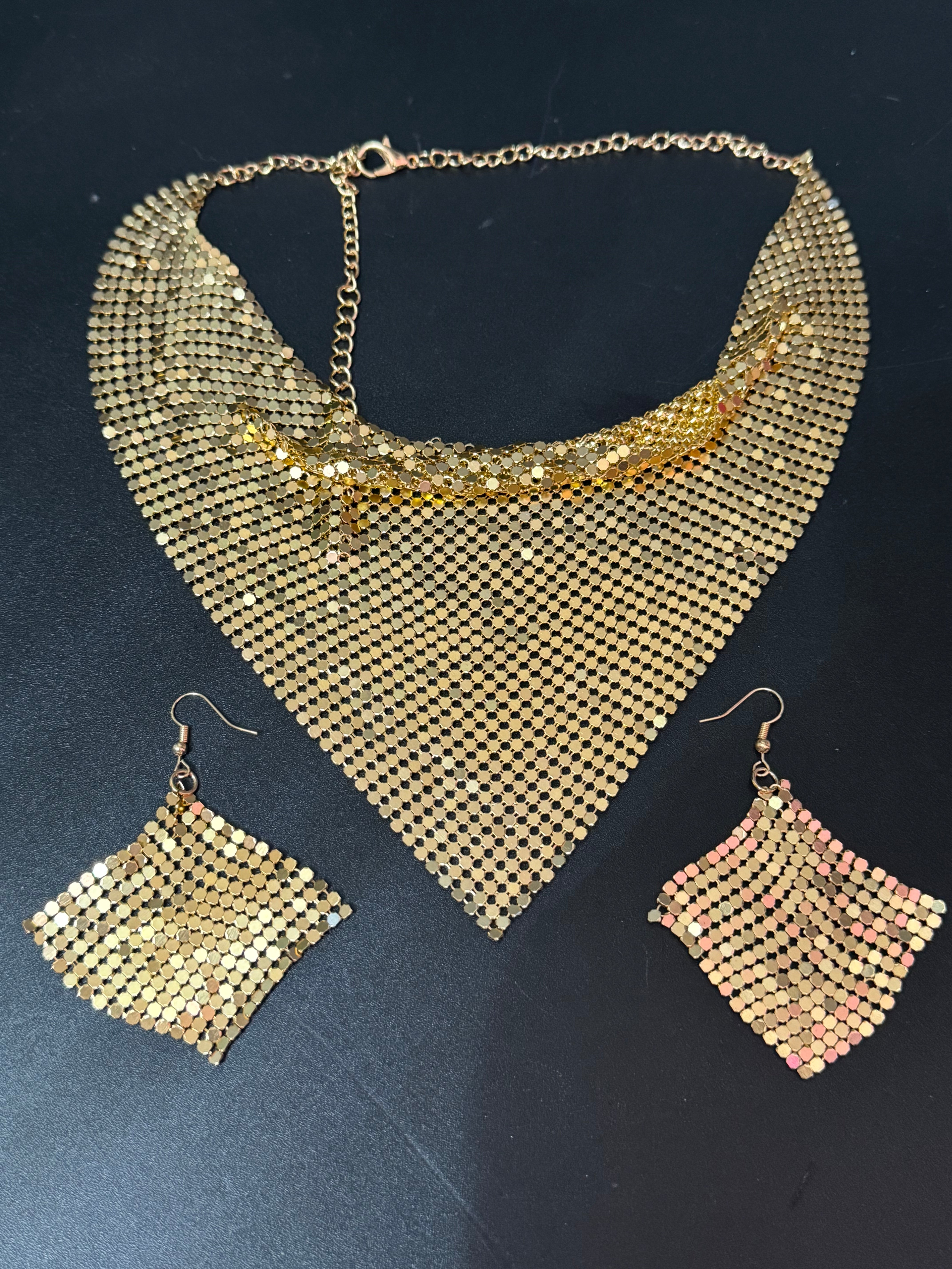 Gold silver or black mesh bib choker necklace and matching earrings Disco jewellery