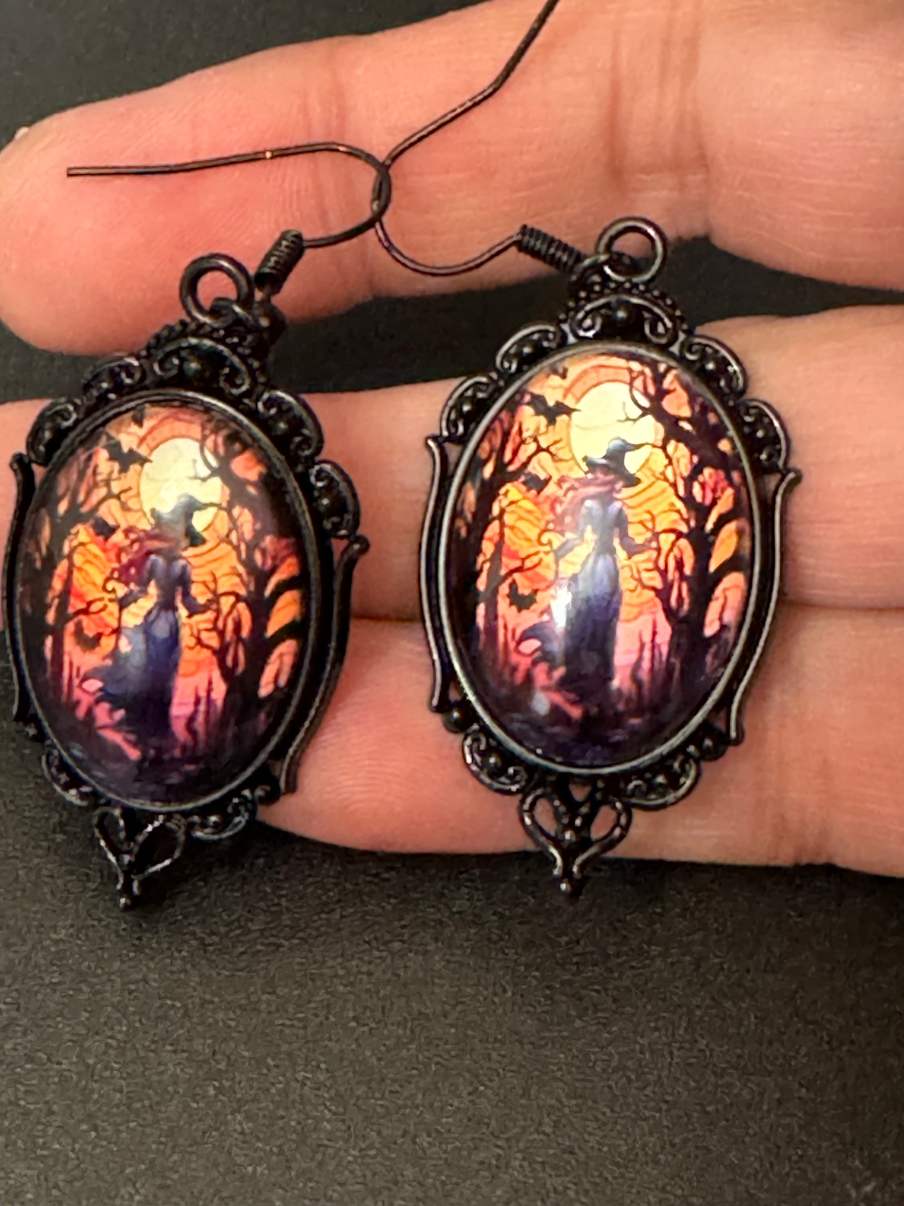Spooky witches glass cabochon black gothic dangly Halloween earrings pierced