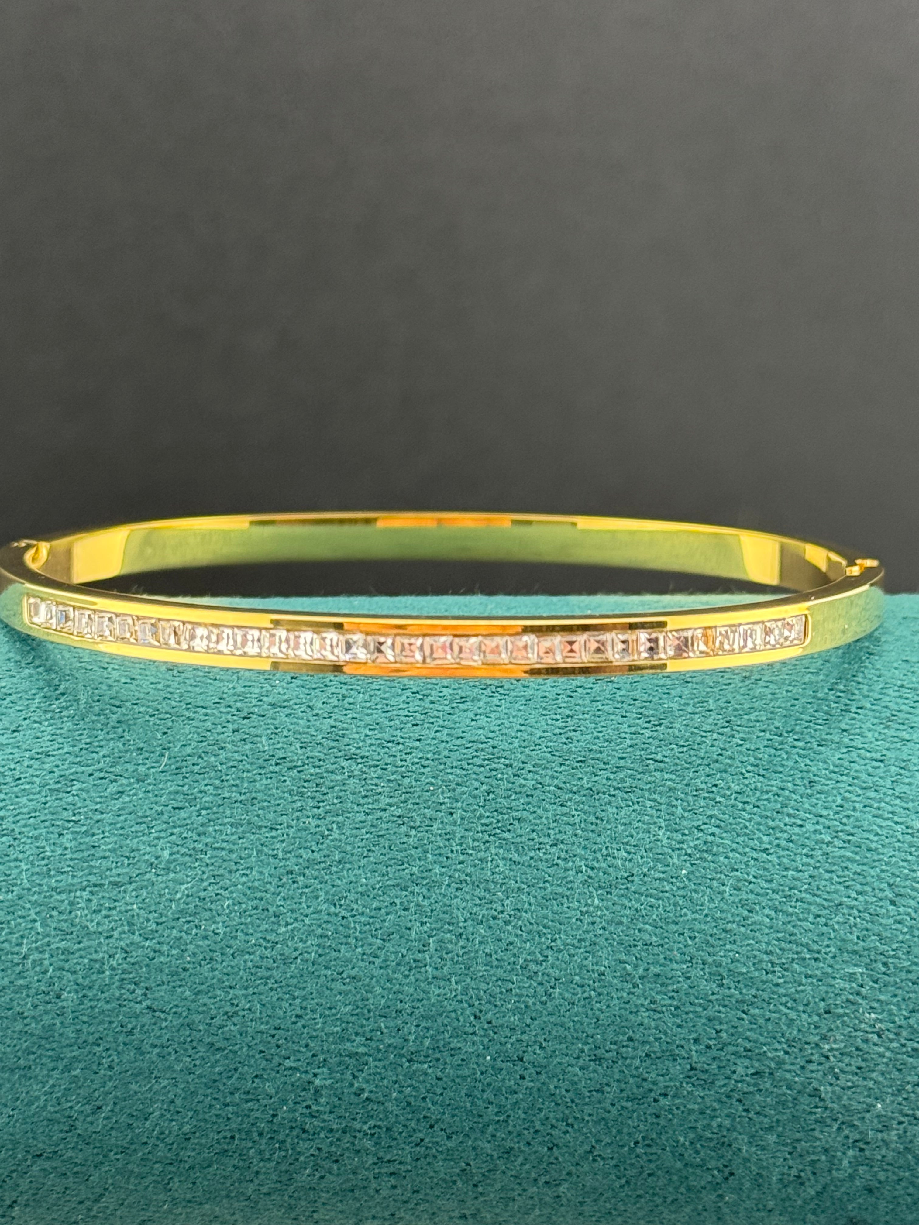 Gold plated high end square channel set clear CZ Crystal hinged clamper bangle bracelet