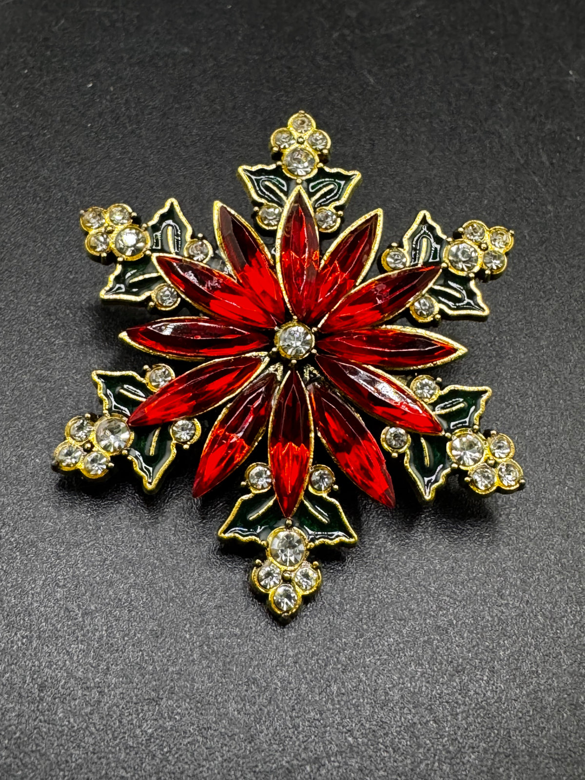 Christmas Poinsettia Brooch, Rhinestone Flower, Red Green Gold Tone