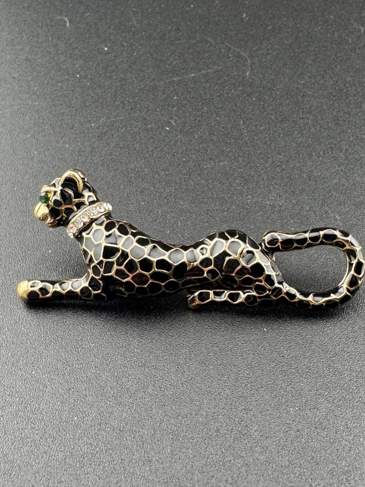 Leopard Panther Brooch, Black Enamel Crystal, Gold Tone, Big 6Cm