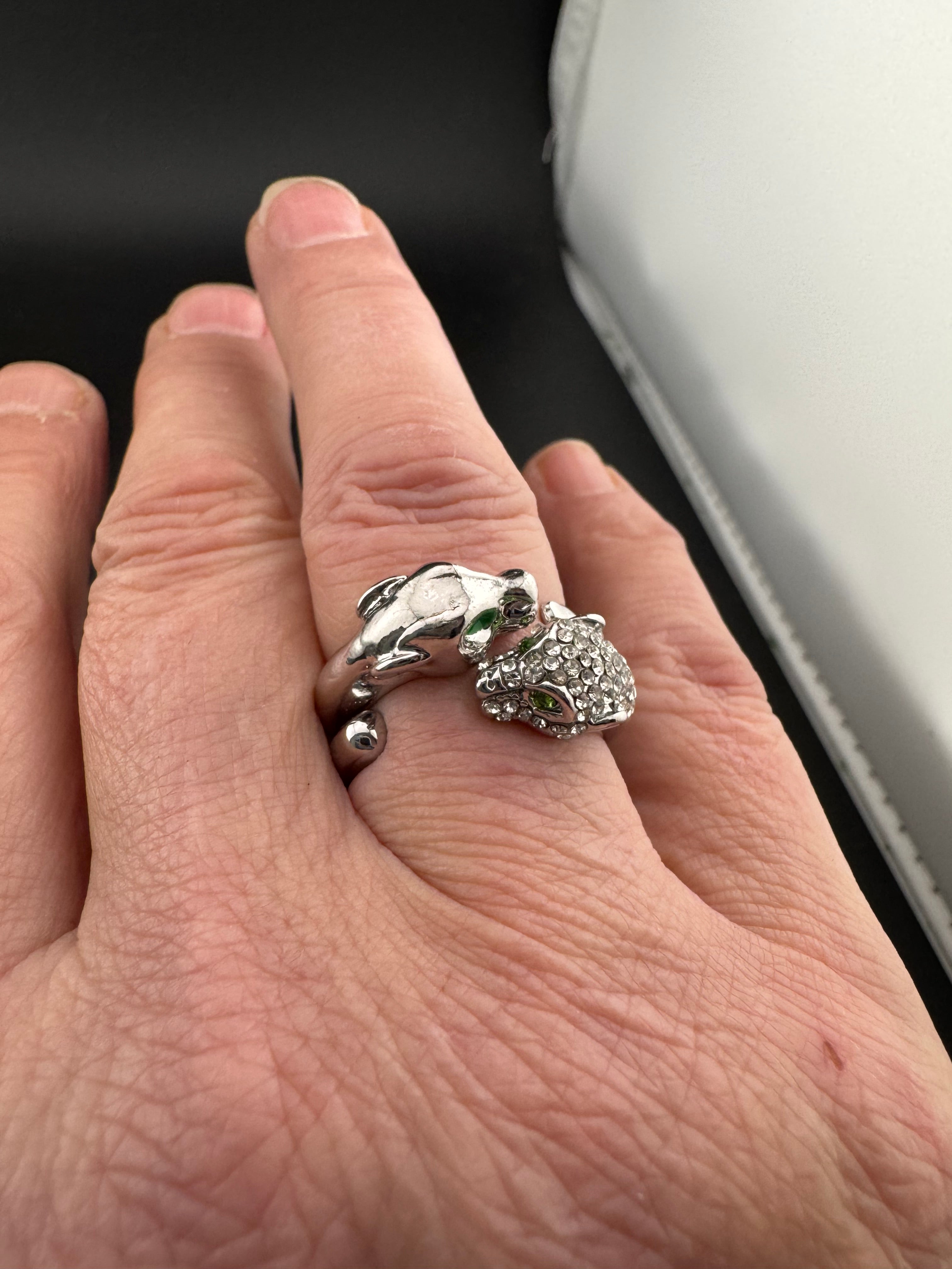 Silver plated big cat leopard adjustable ring