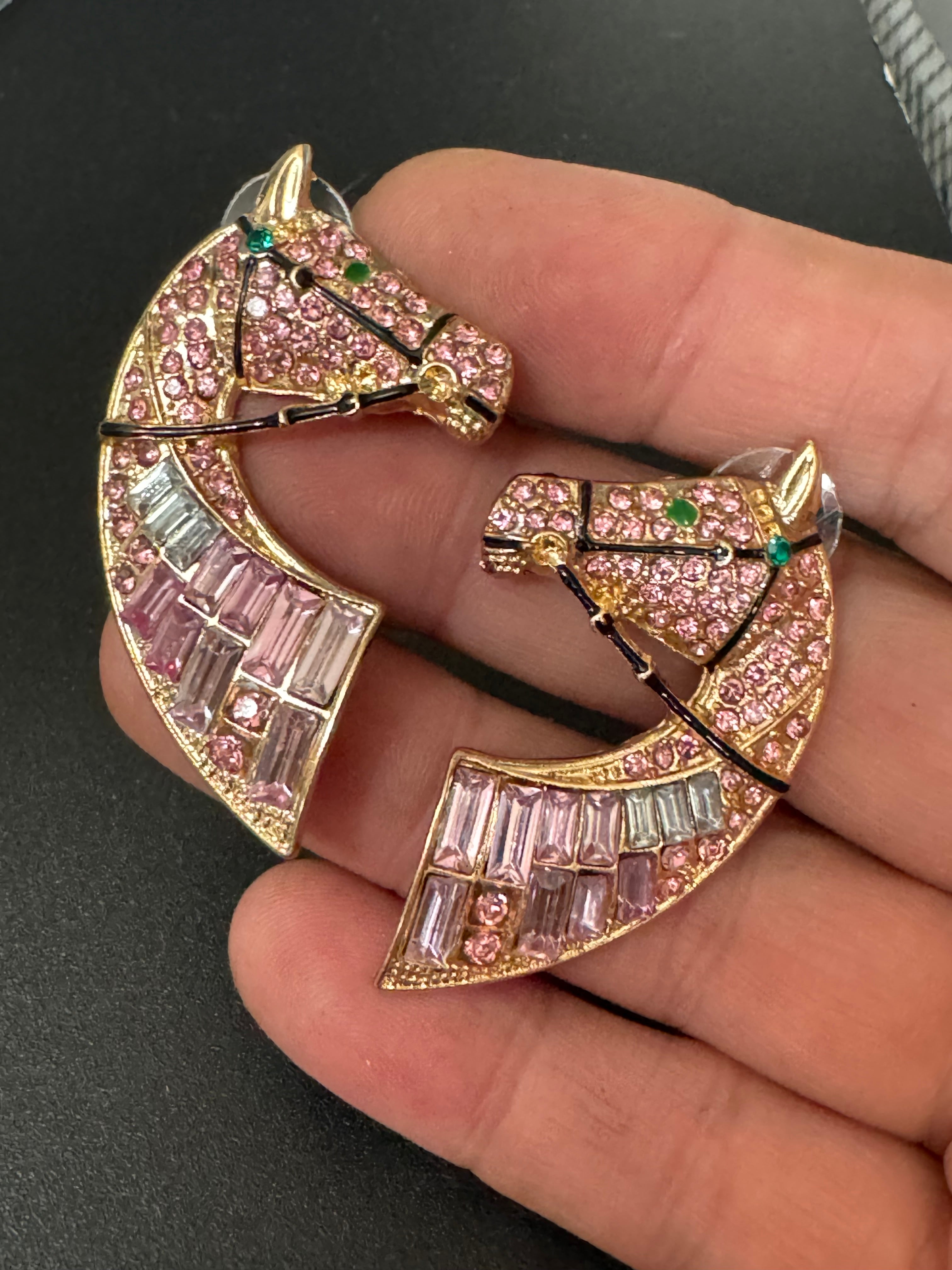 Oversized novelty horse head earrings pink crystal baguette diamanté pierced studs