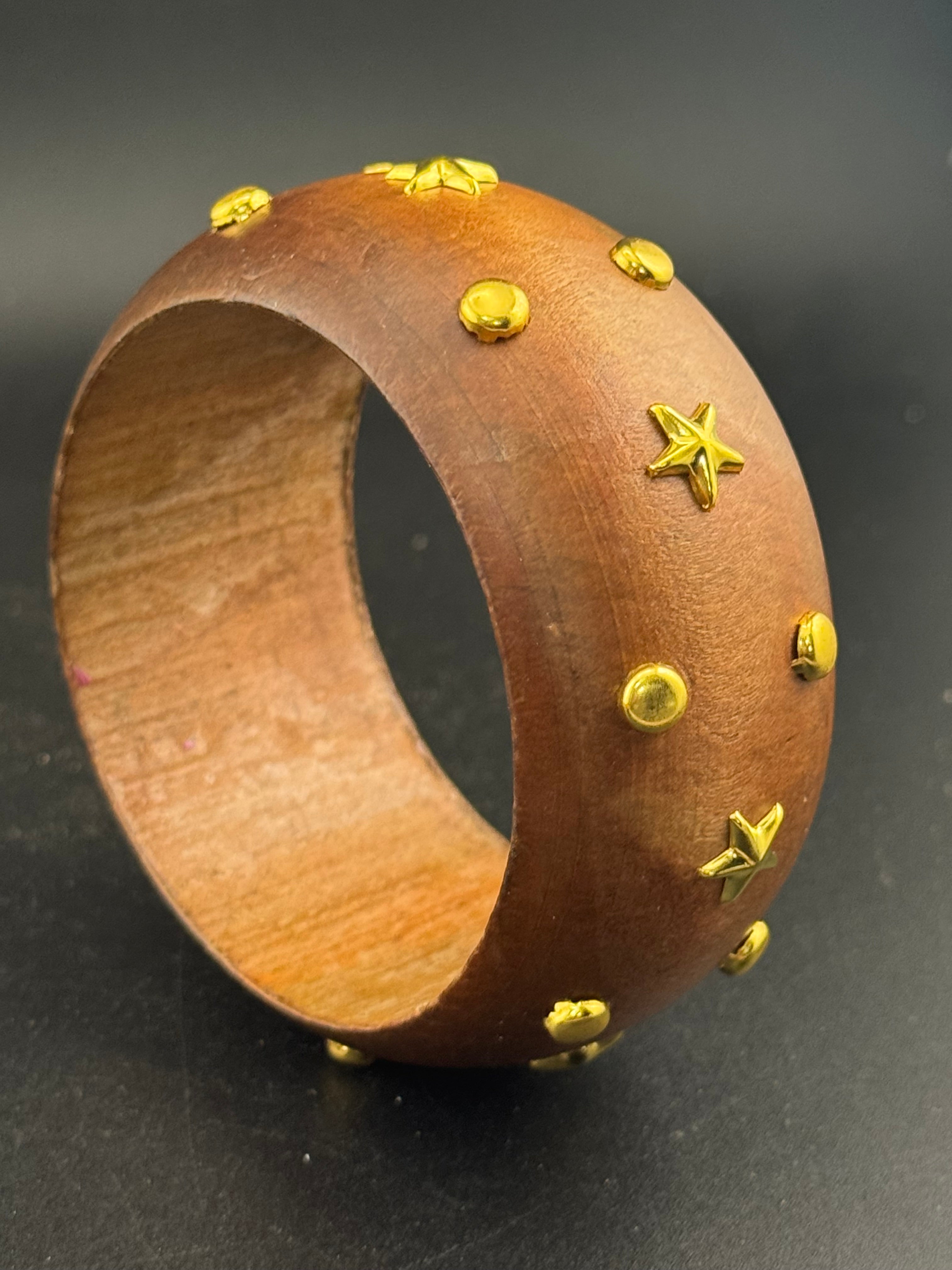 Oversized wide designed star and stud wooden bangle