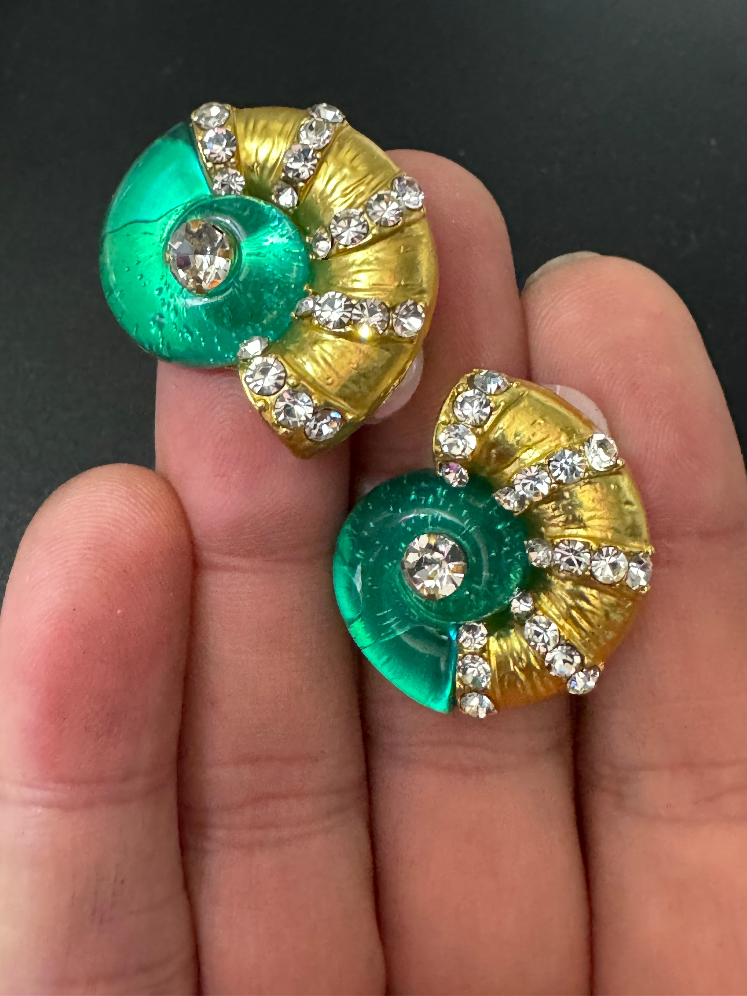 Diamanté crystal sea green acrylic gold tone ammonite seashell nautical earrings pierced