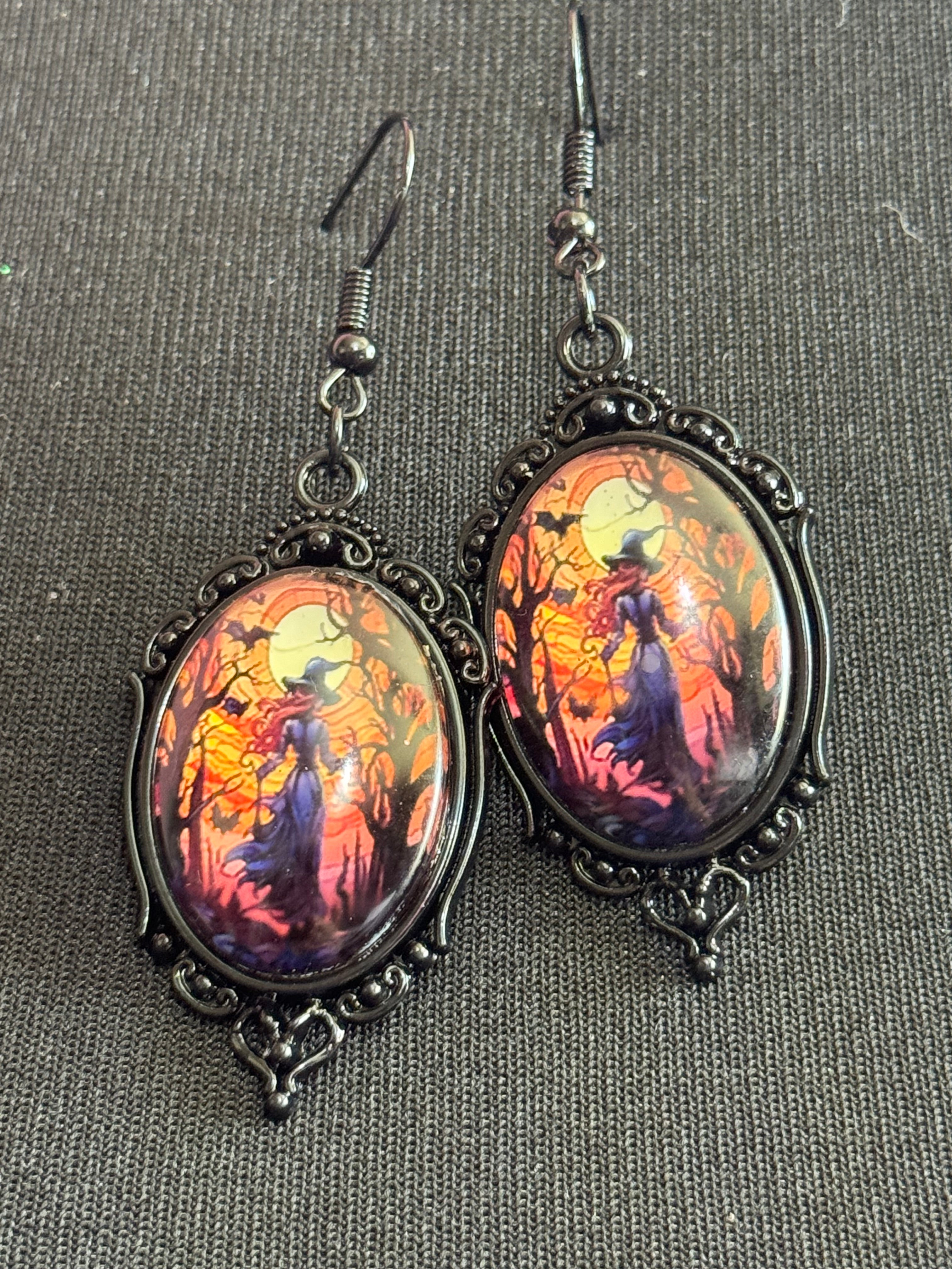 Spooky witches glass cabochon black gothic dangly Halloween earrings pierced
