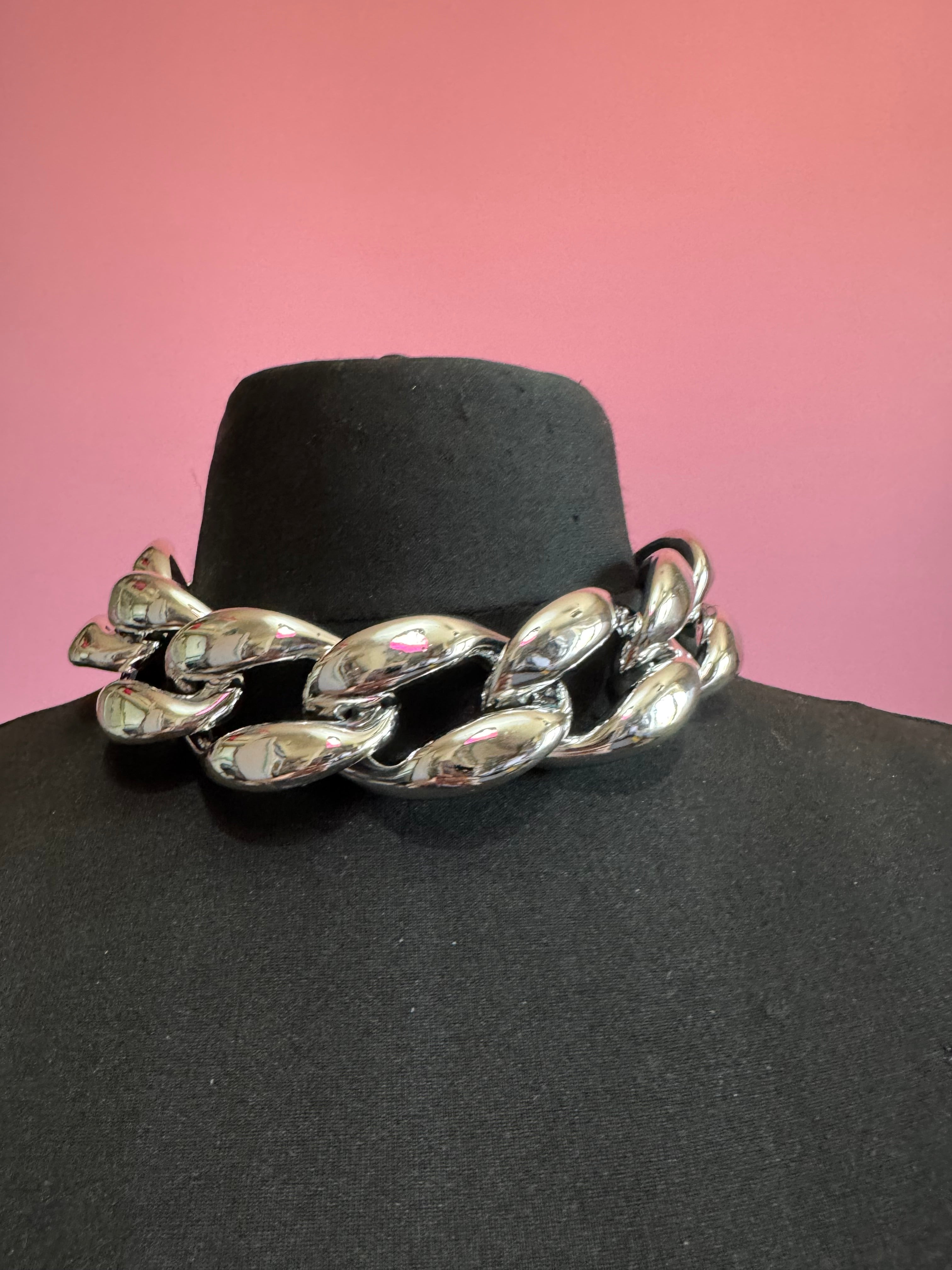 Chunky silver acrylic curb link choker necklace, oversized statement jewellery