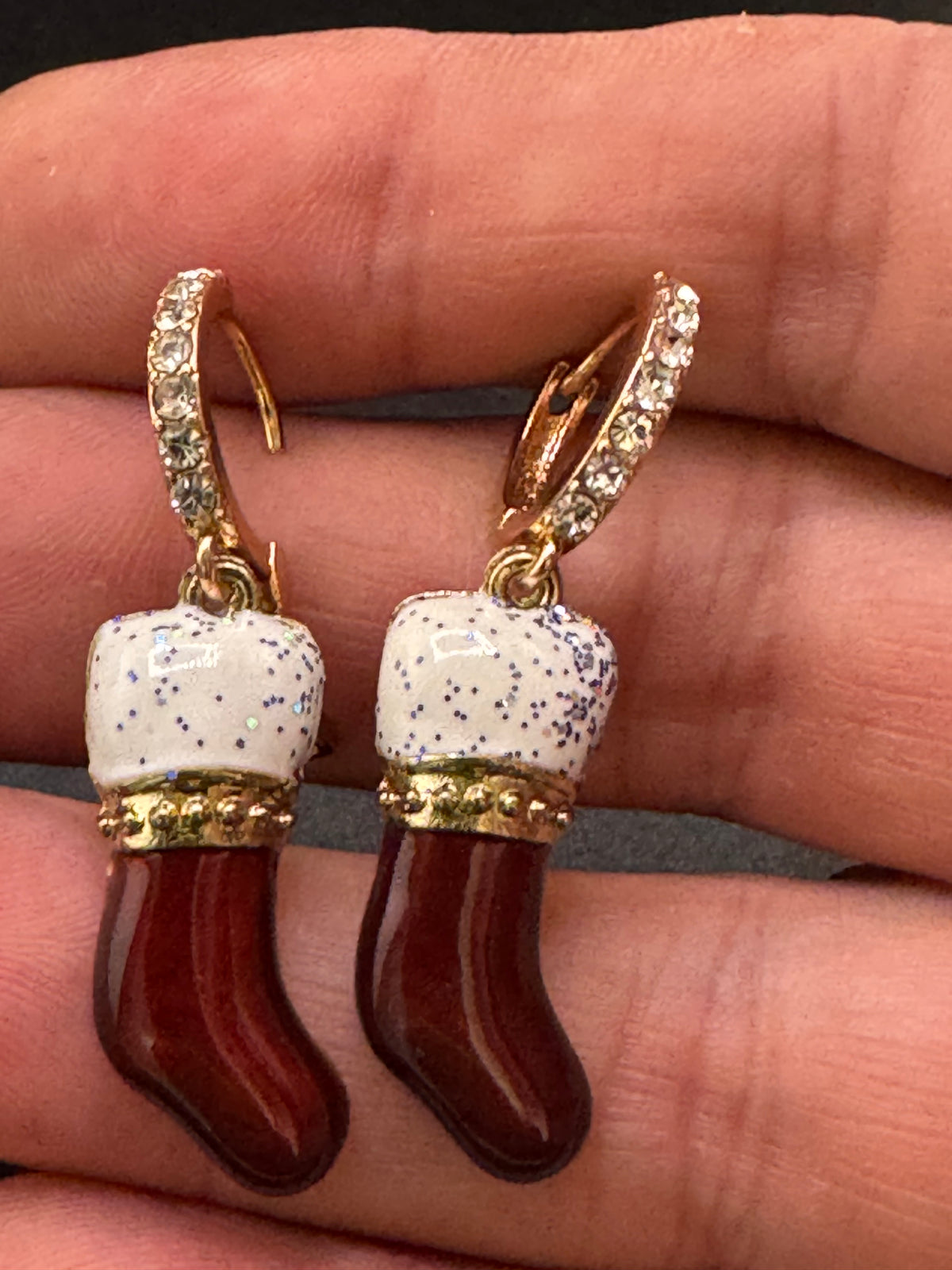 Red enamel rhinestone Christmas stockings earrings, festive jewellery, gift for her