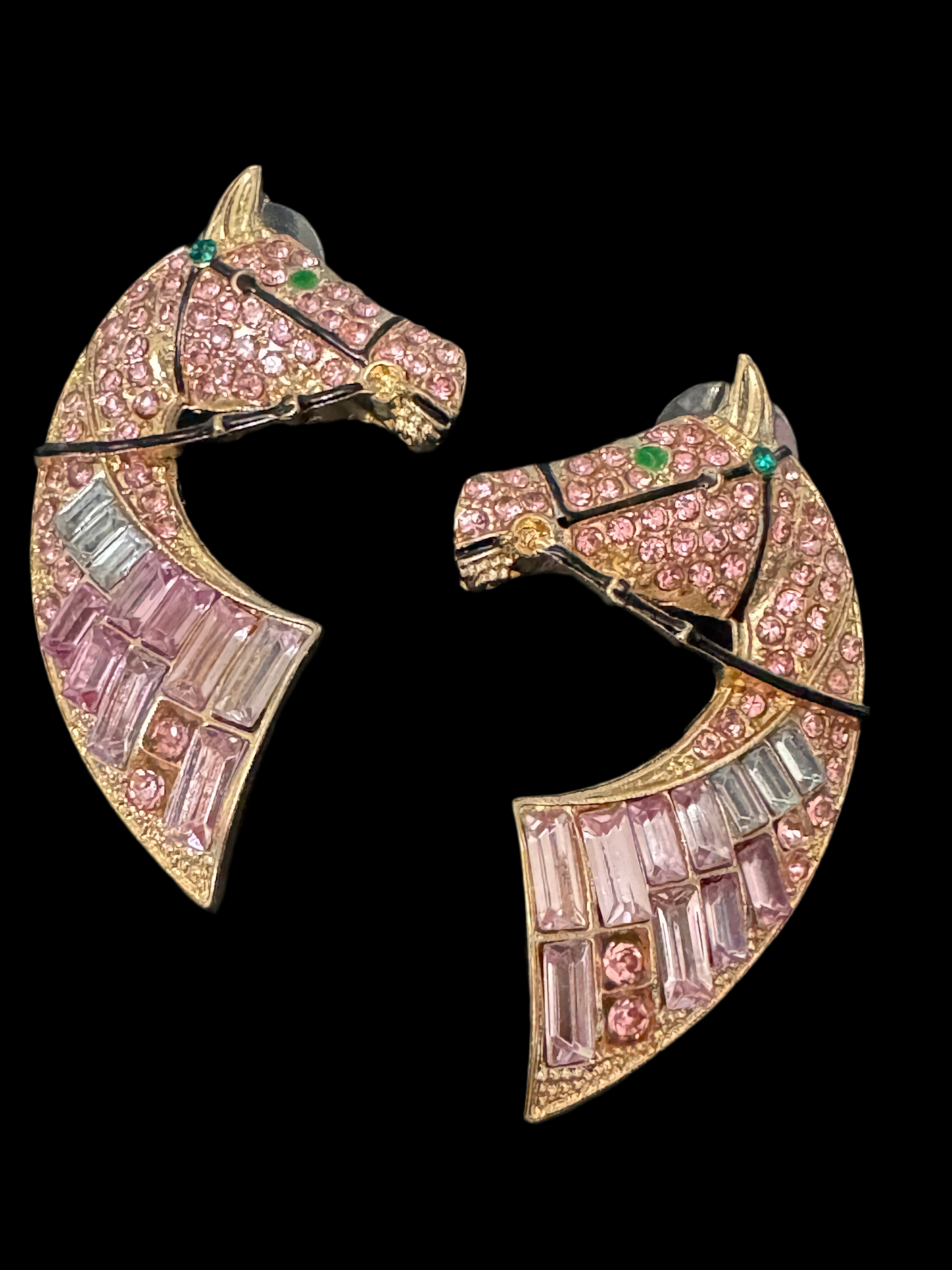 Oversized novelty horse head earrings pink crystal baguette diamanté pierced studs