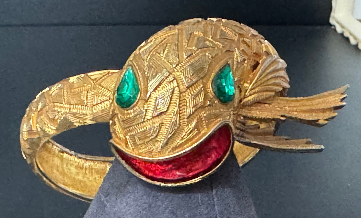 Vintage Serpent Bangle - Red Enamel, Emerald Rhinestones, Gold
