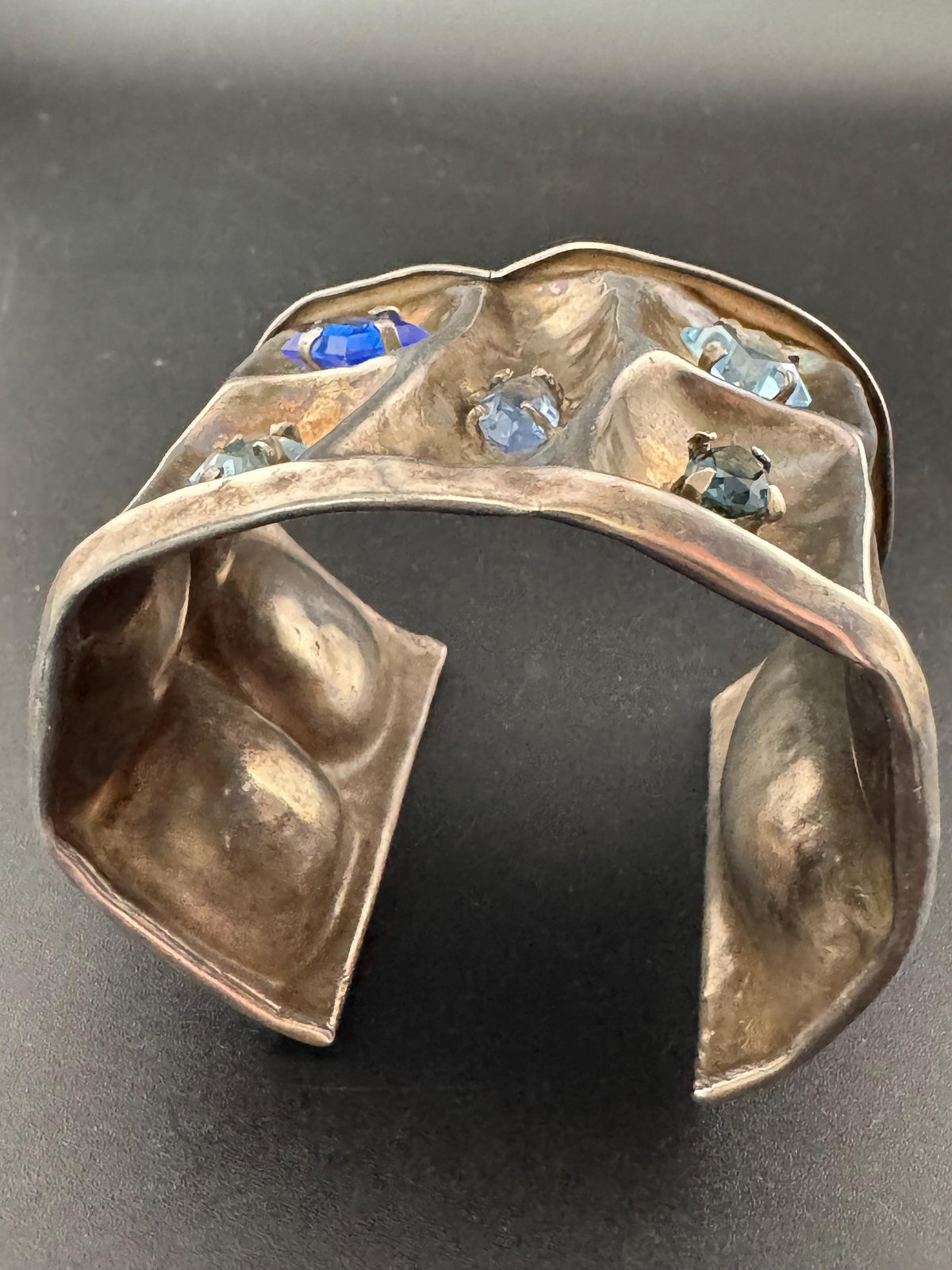 Vintage Sterling Silver Cuff, Wide Blue Crystal Open Bangle, 6 Cm