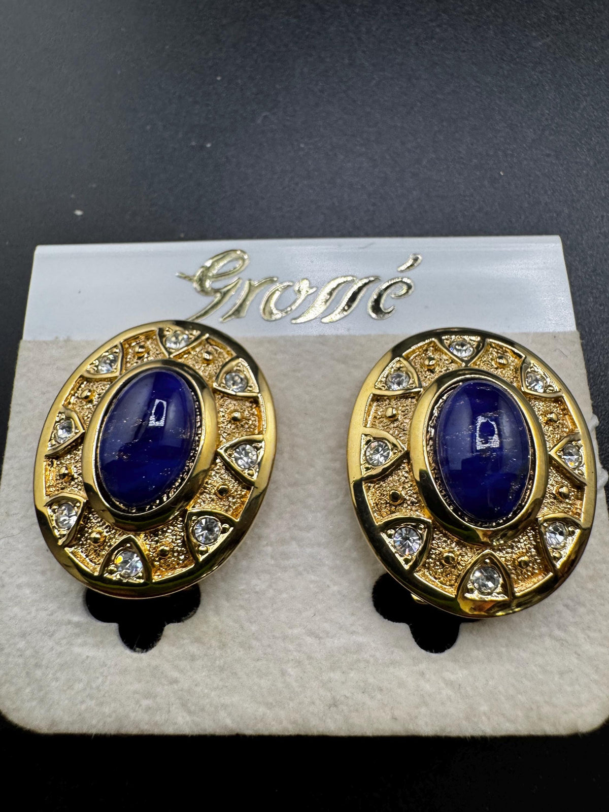Vintage Clip Earrings, Grosse Oval Blue Lapis Cabochon, Rhinestones