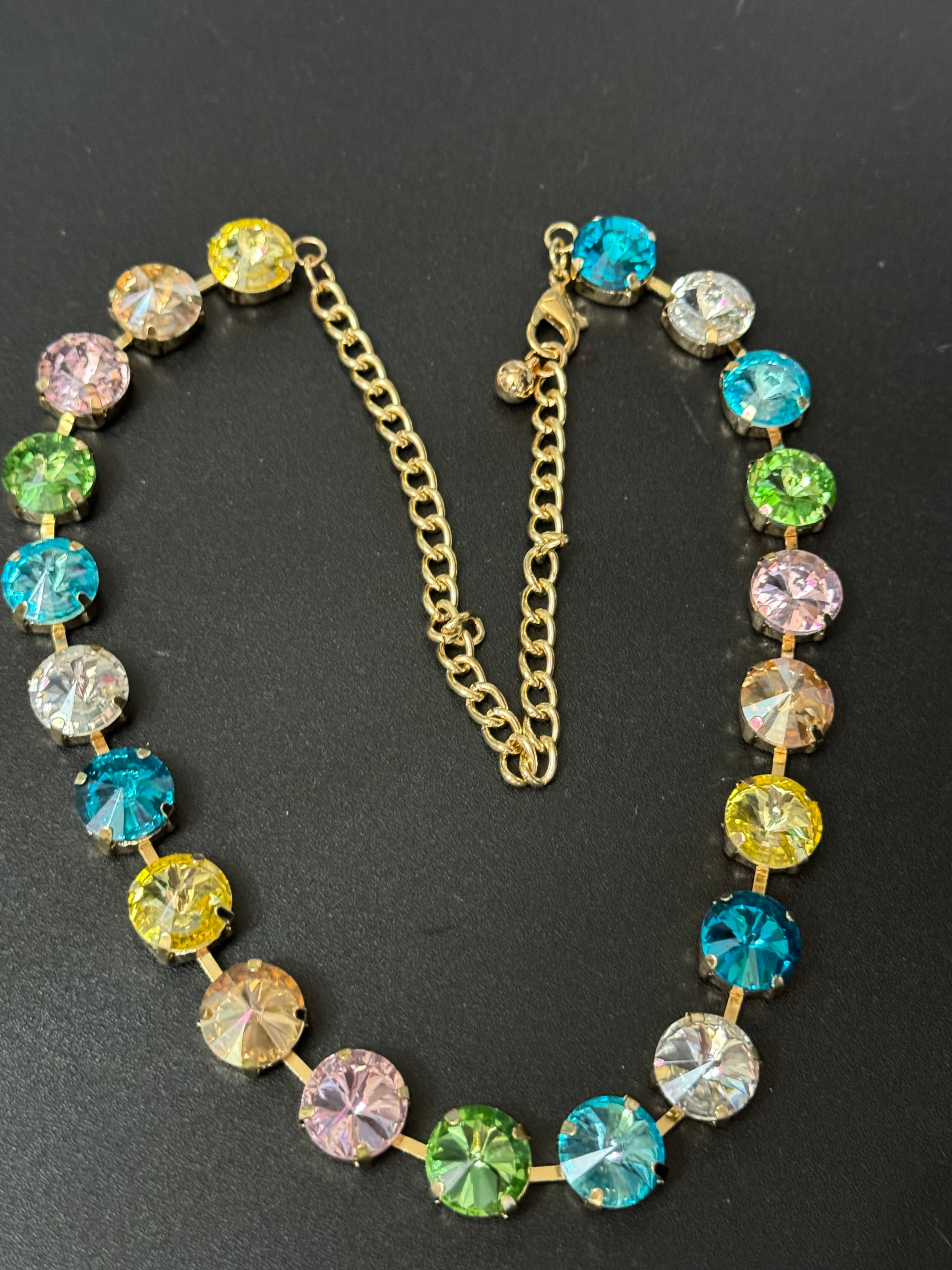 Summer pastels pink yellow blue green crystal diamanté necklace