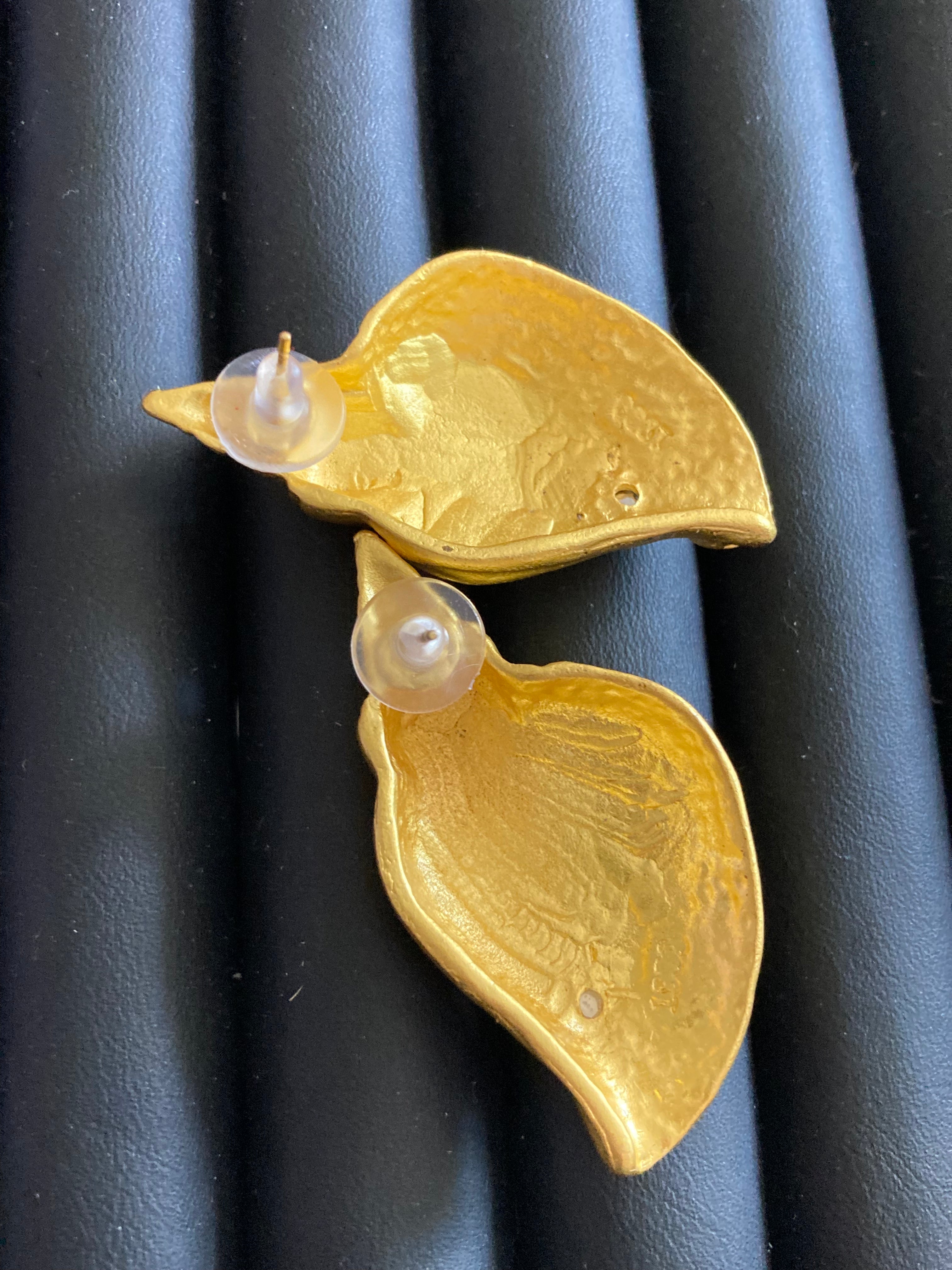 Oversized gold tone shell nautical earrings with rainbow gripoix style cabochon pierced