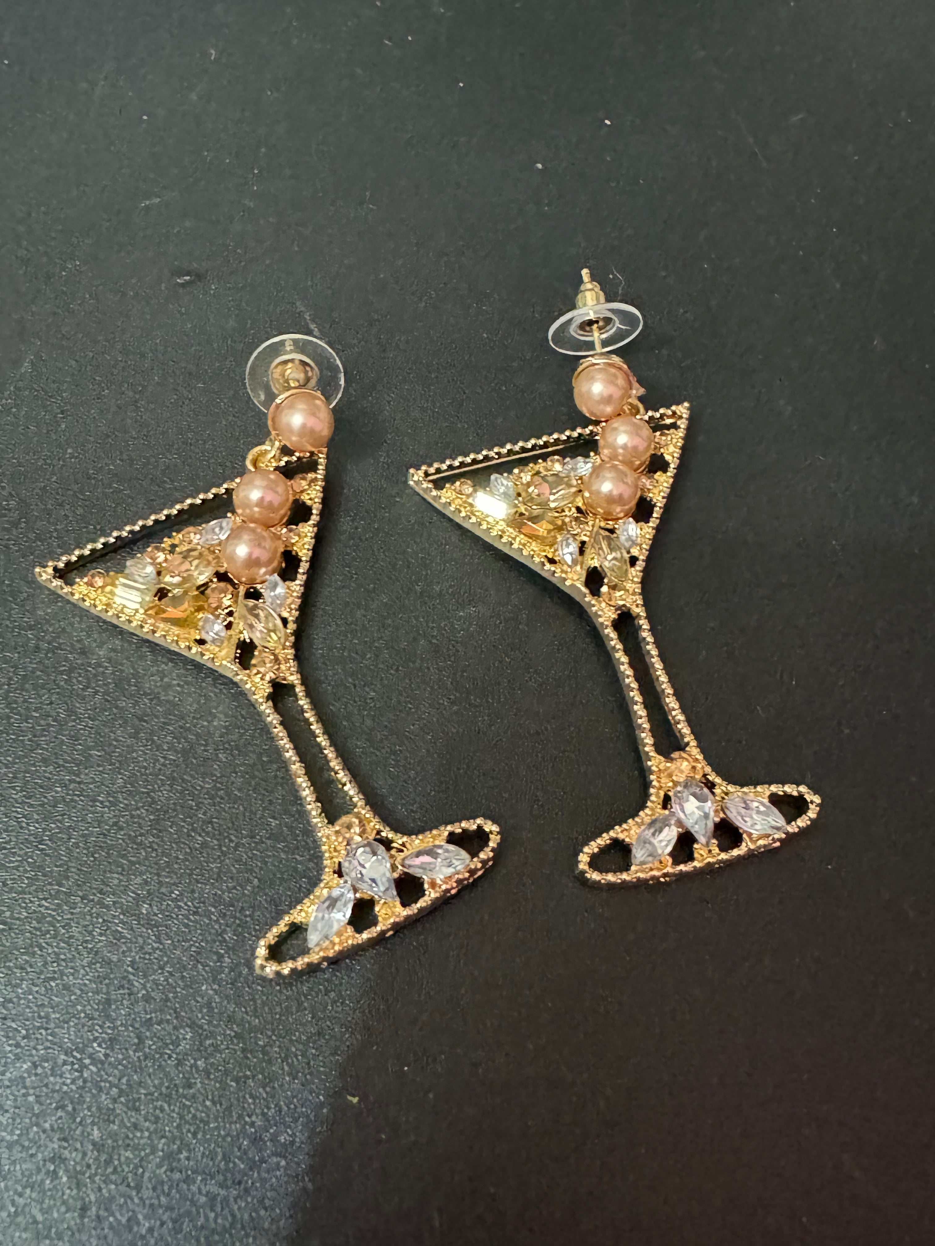 Novelty oversized faux pearl diamanté crystal champagne cocktail glass earrings