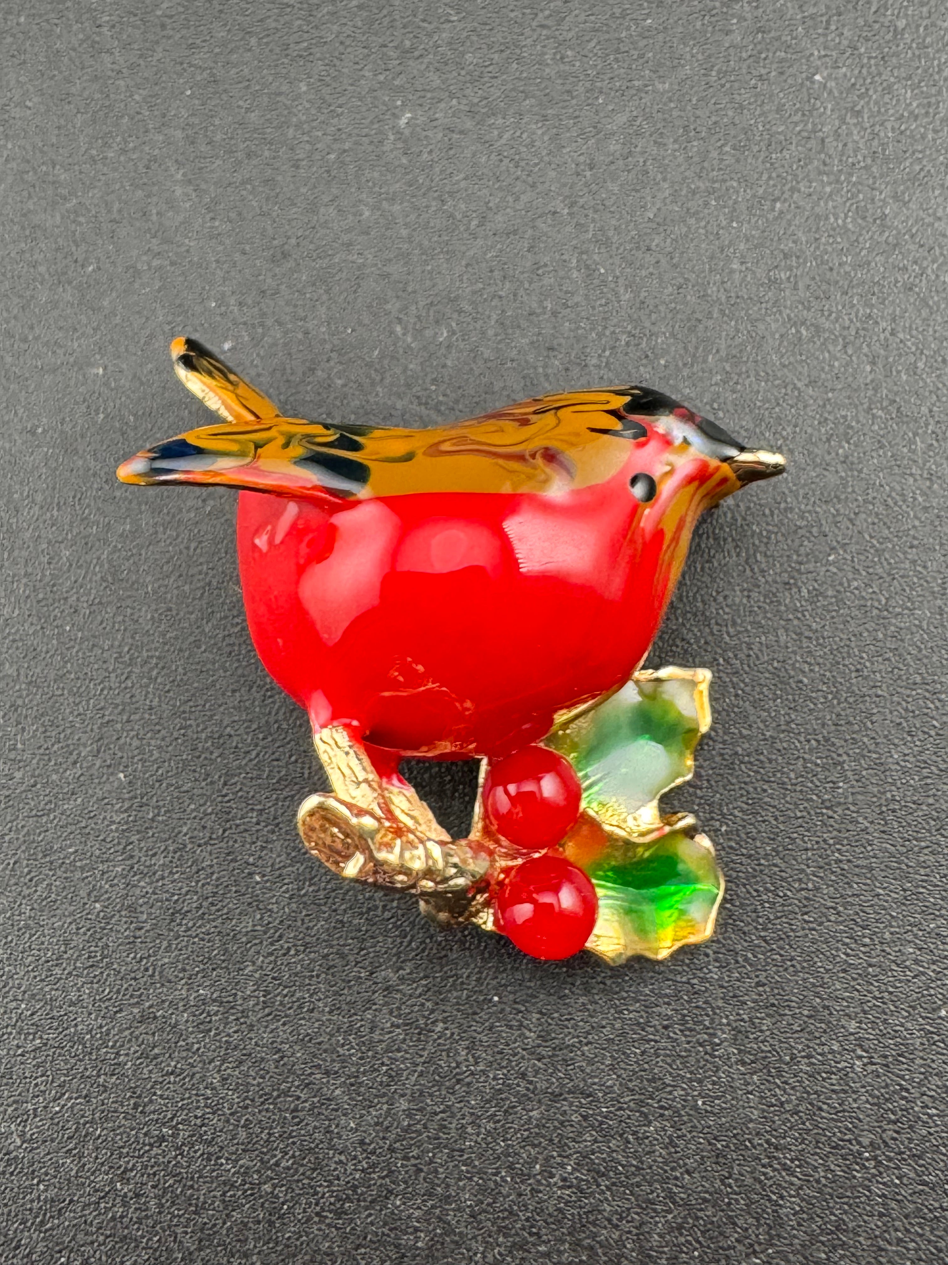 Enamel Christmas Robin bird brooch with holly