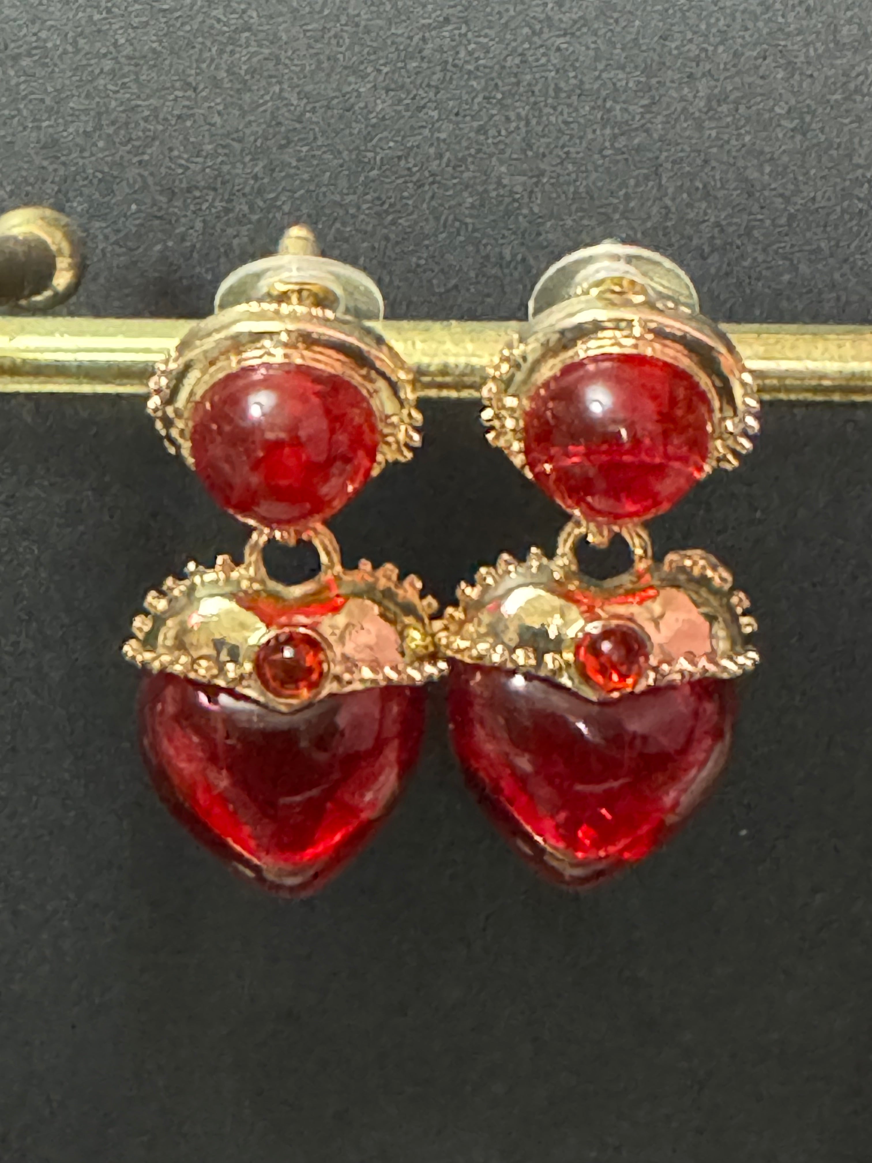Oversized medieval style ruby red love heart cabochon drop earrings gold tone