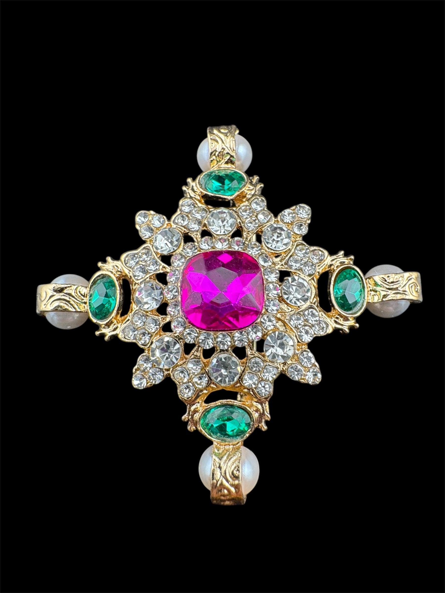 Statement Medieval style gold pink and green rhinestone cross brooch