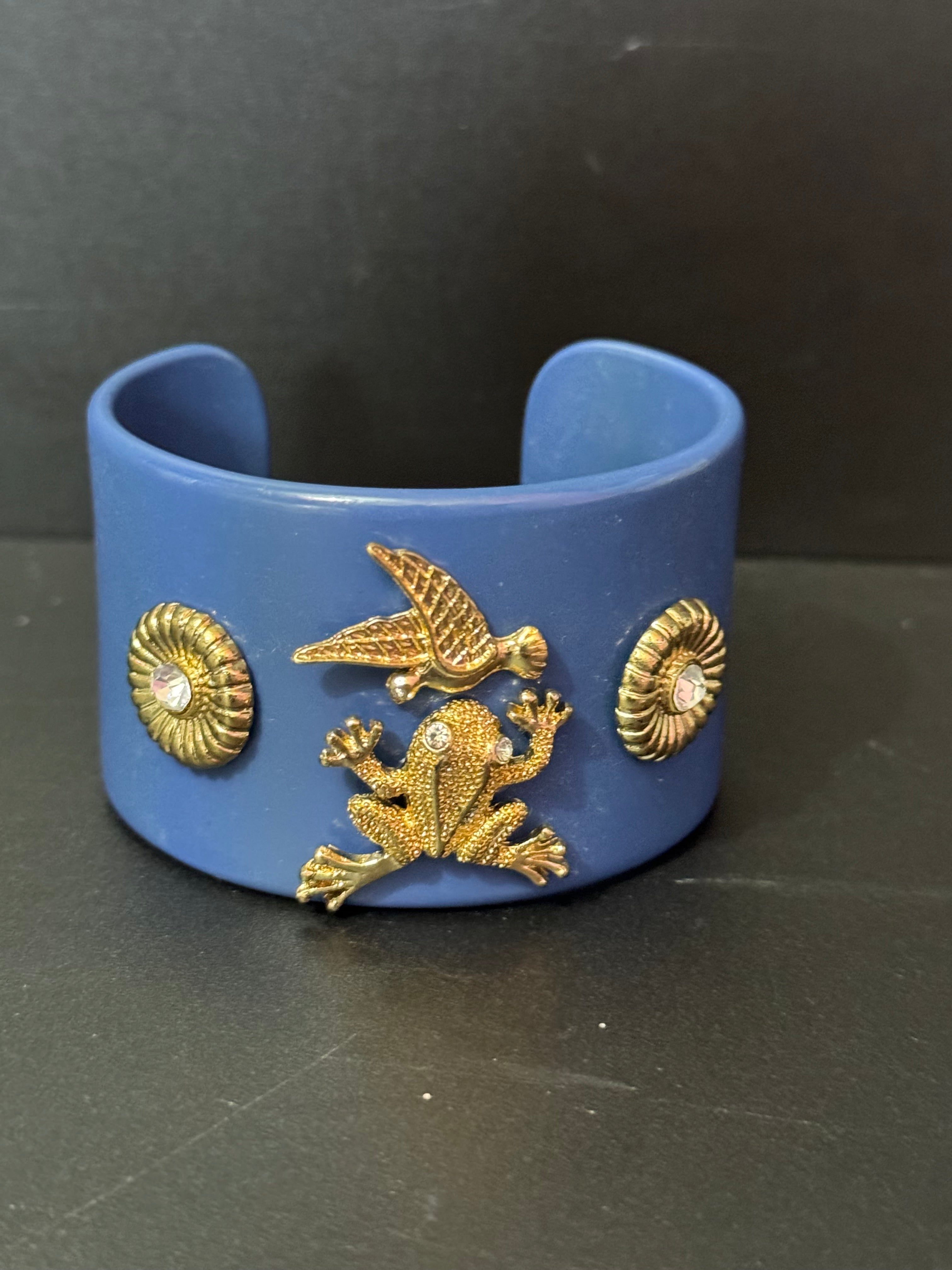 Gold crystal frog ornate Navy blue wide acrylic cuff bangle