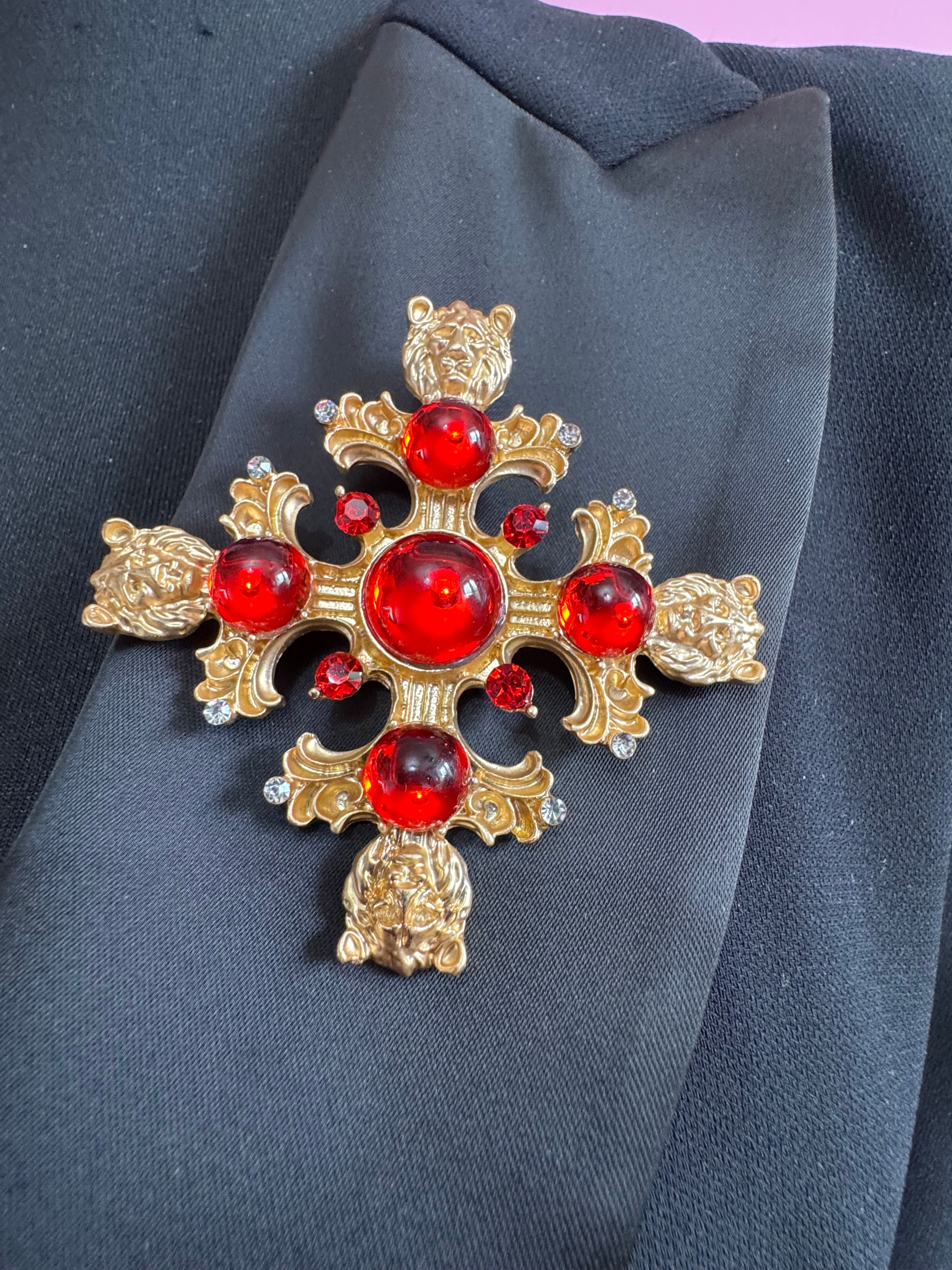 Medieval style Large faux red ruby cabochon matt gold lions head oversized cross brooch