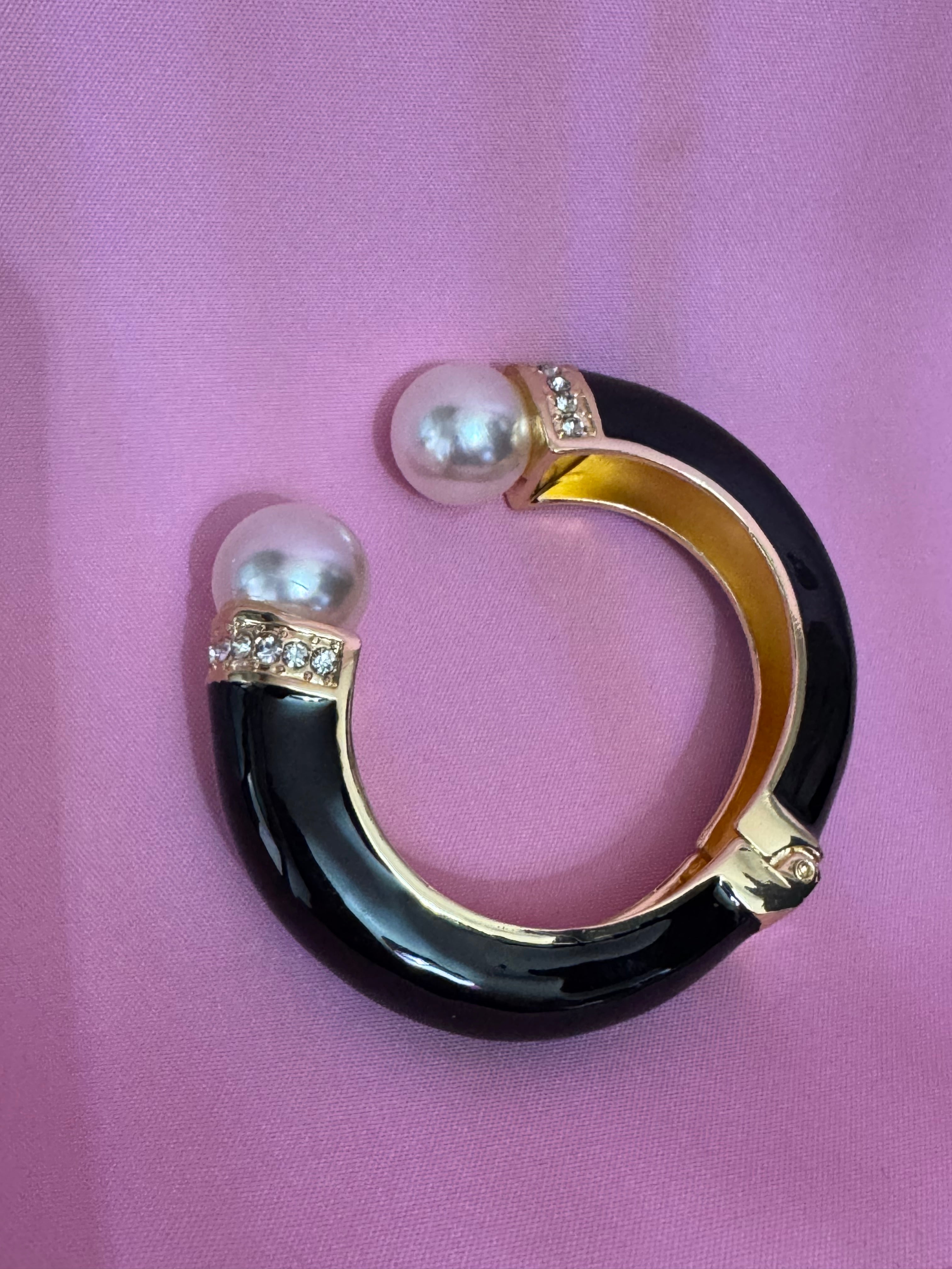 Classic black enamel Crystal clamper Bangle with pearl ball ends