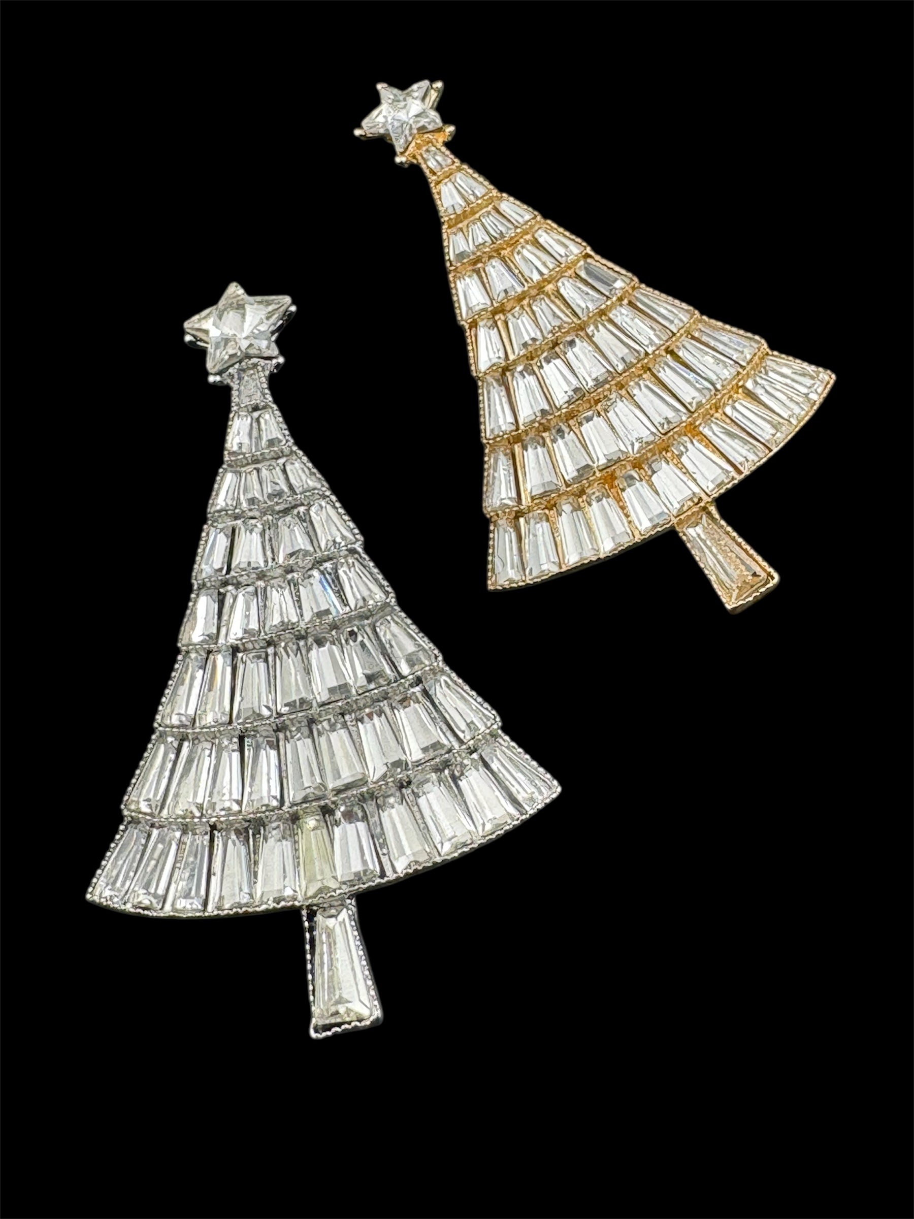 Baguette Crystal diamanté Christmas tree brooch, silver