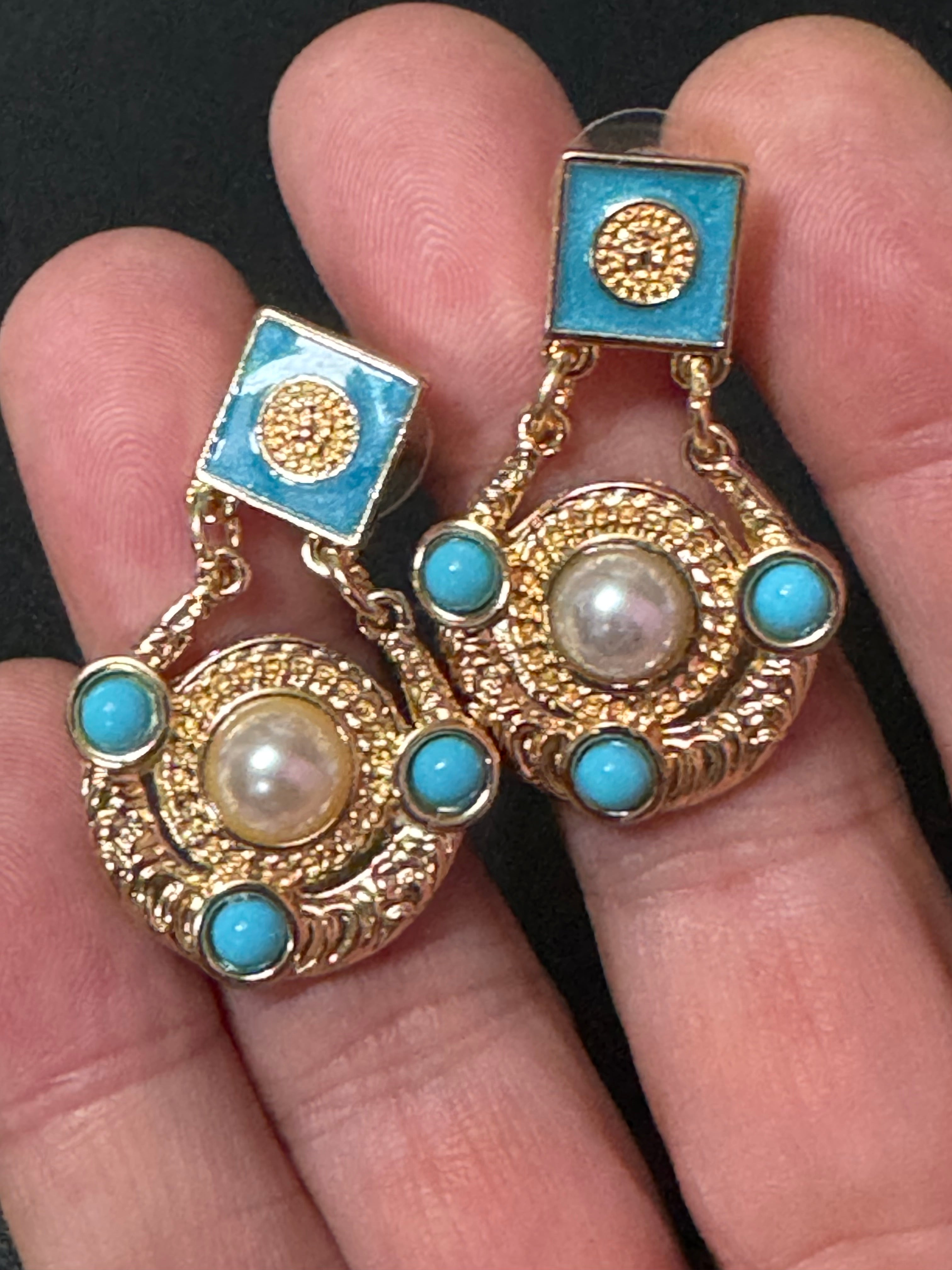 Etruscan gold disc drop earrings with turquoise and pearl cabochons