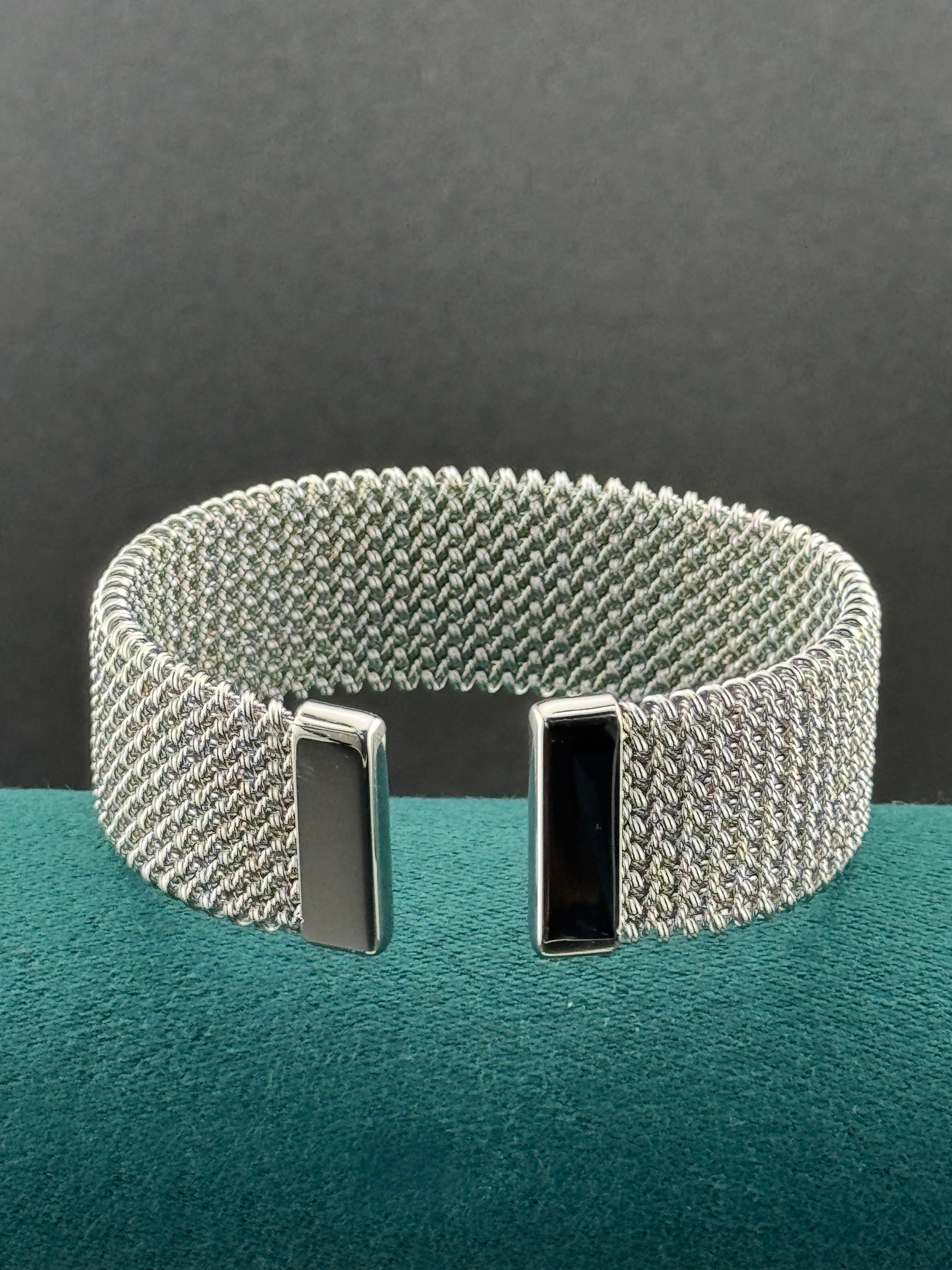 Wide silver toned mesh link open bangle bracelet vintage style