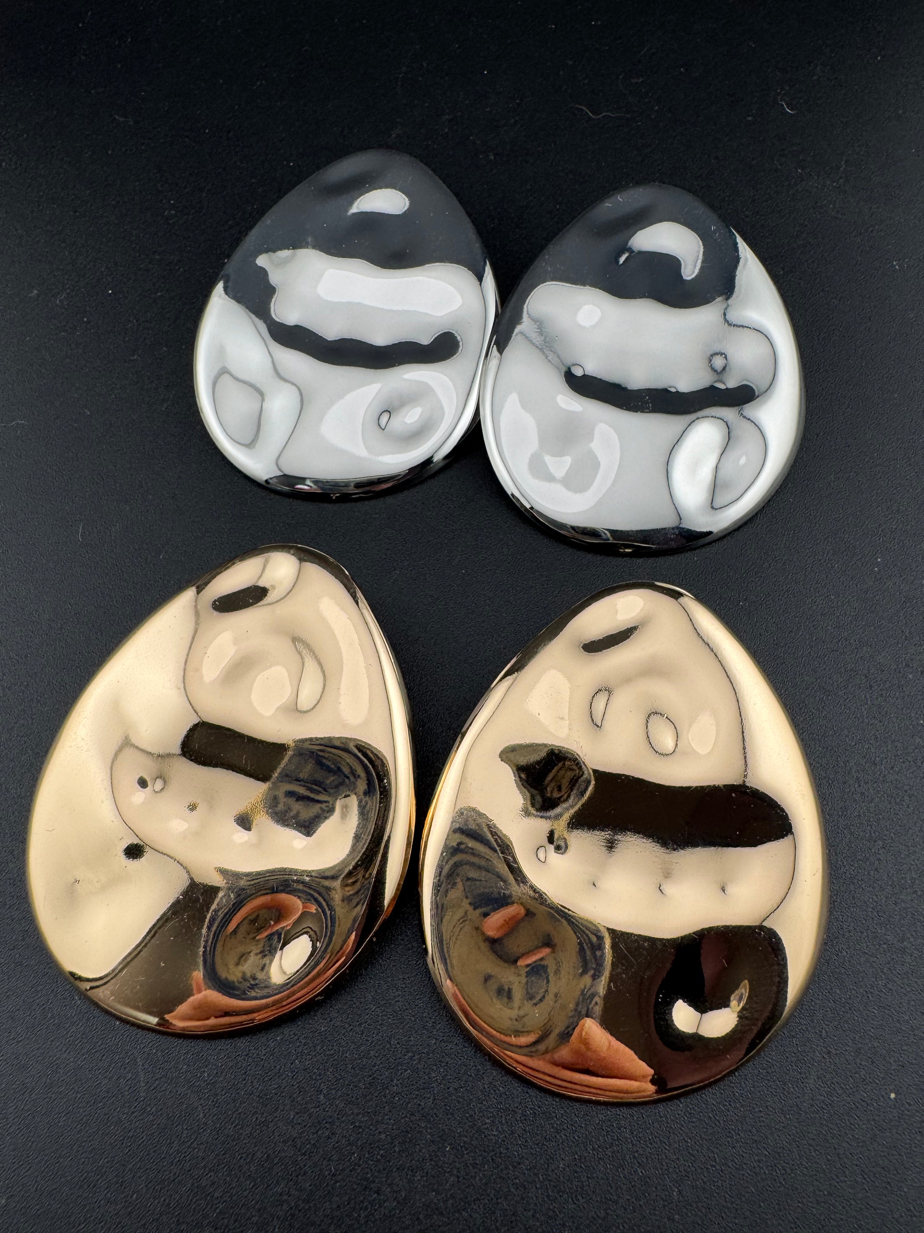 Oversized gold and silver tone flat abstract oval huge stud earrings pierced