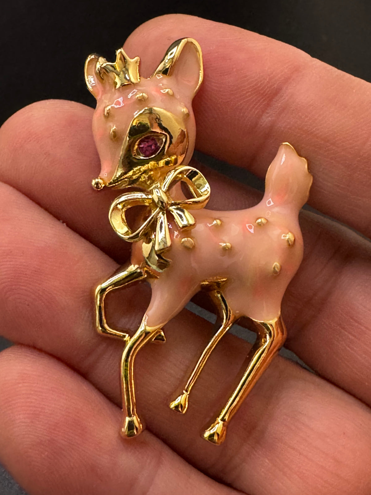 Pink enamel christmas reindeer brooch, gold tone , festive jewellery