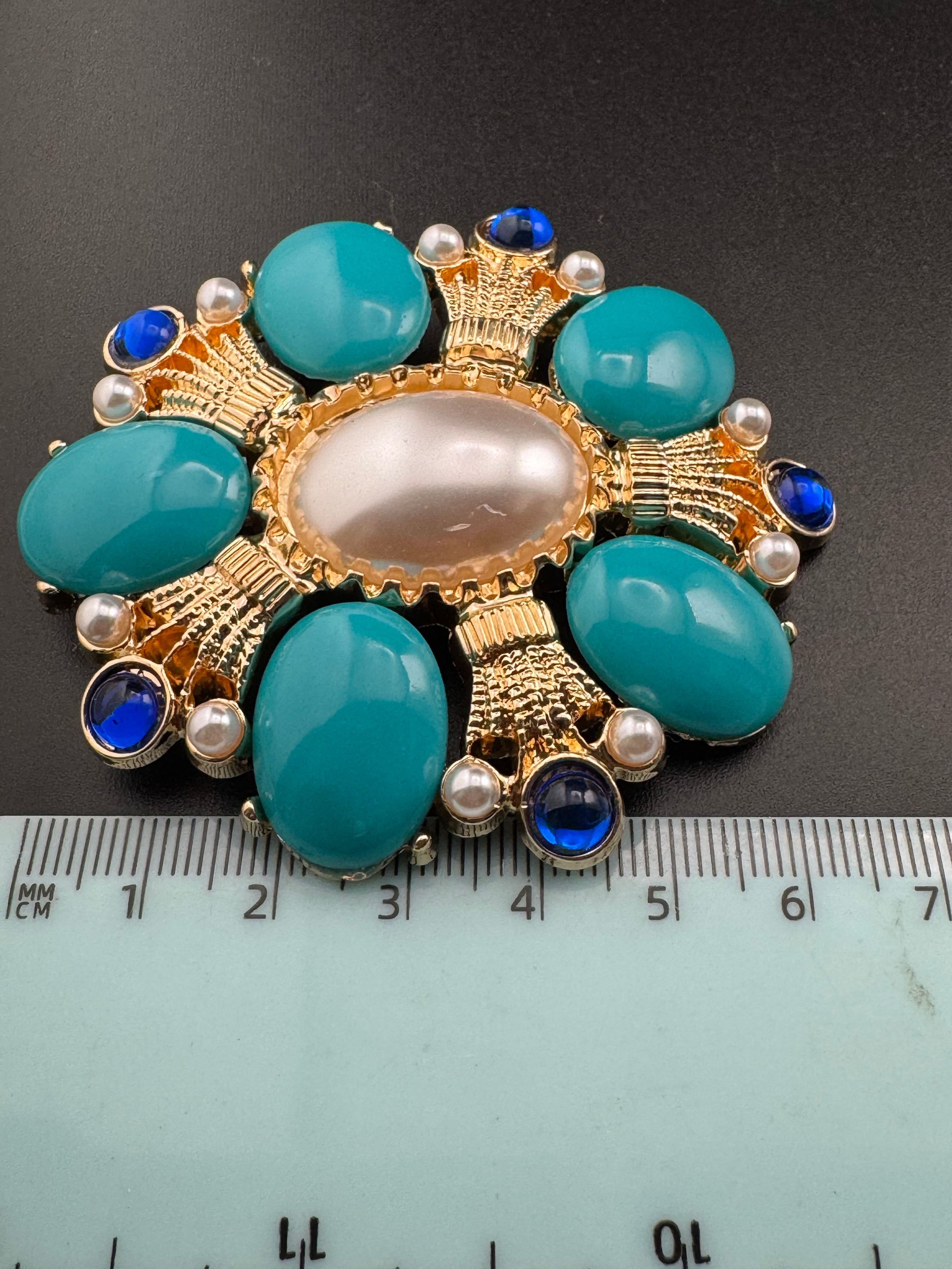 turquoise, sapphire and pearl oversized cabochon diamanté brooch
