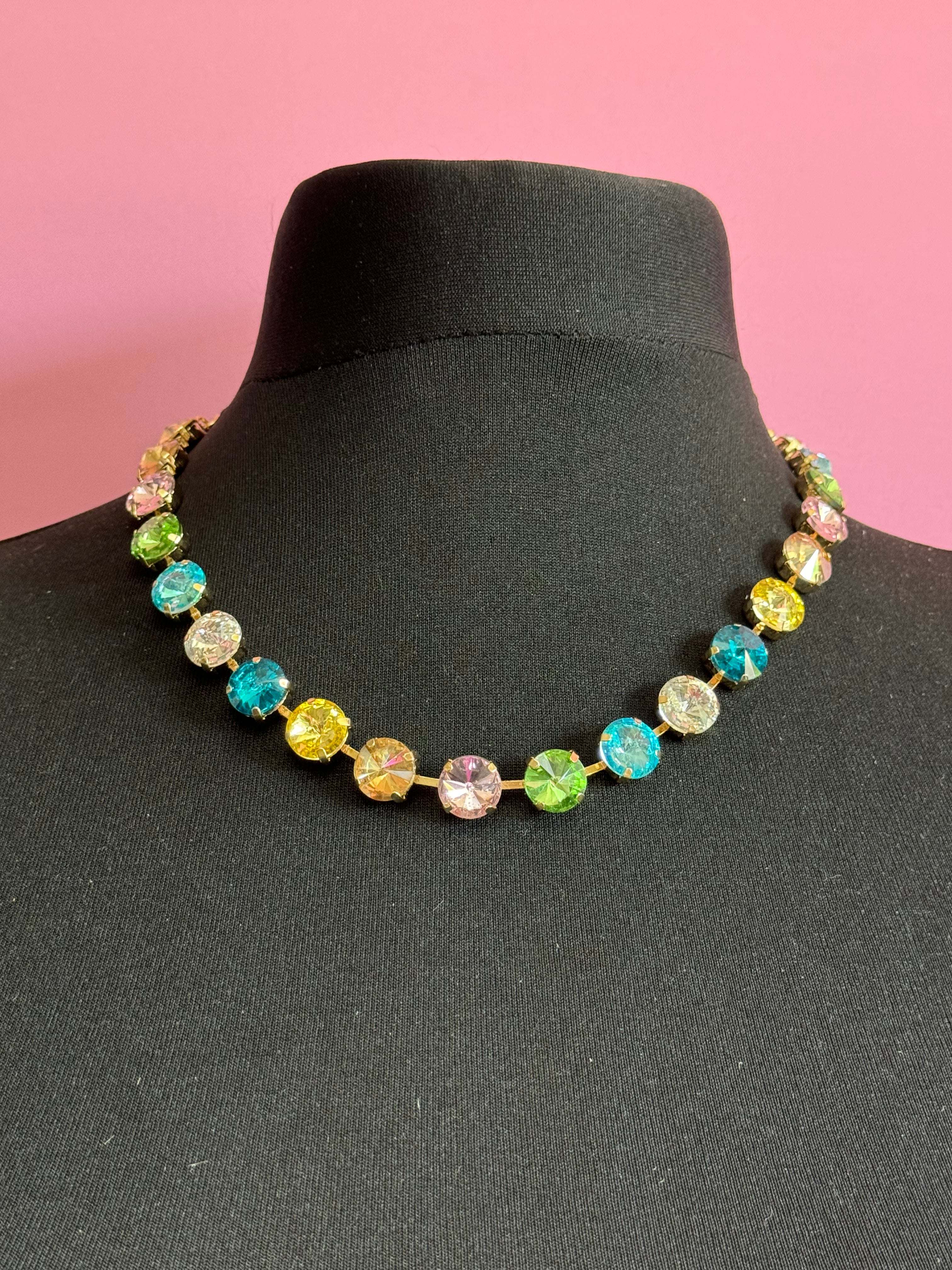 Summer pastels pink yellow blue green crystal diamanté necklace