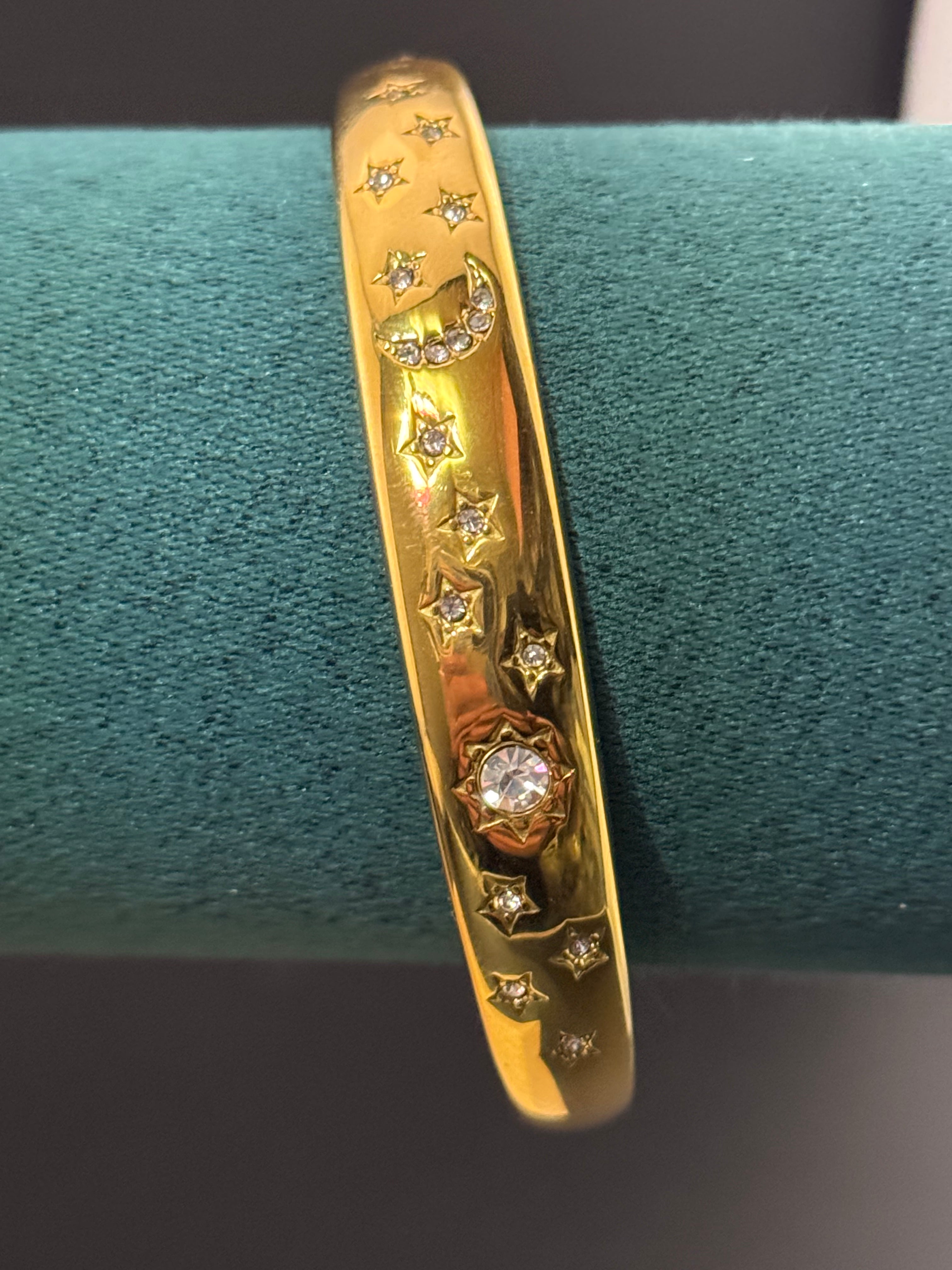 Sun Moon & Stars gold plated open bangle